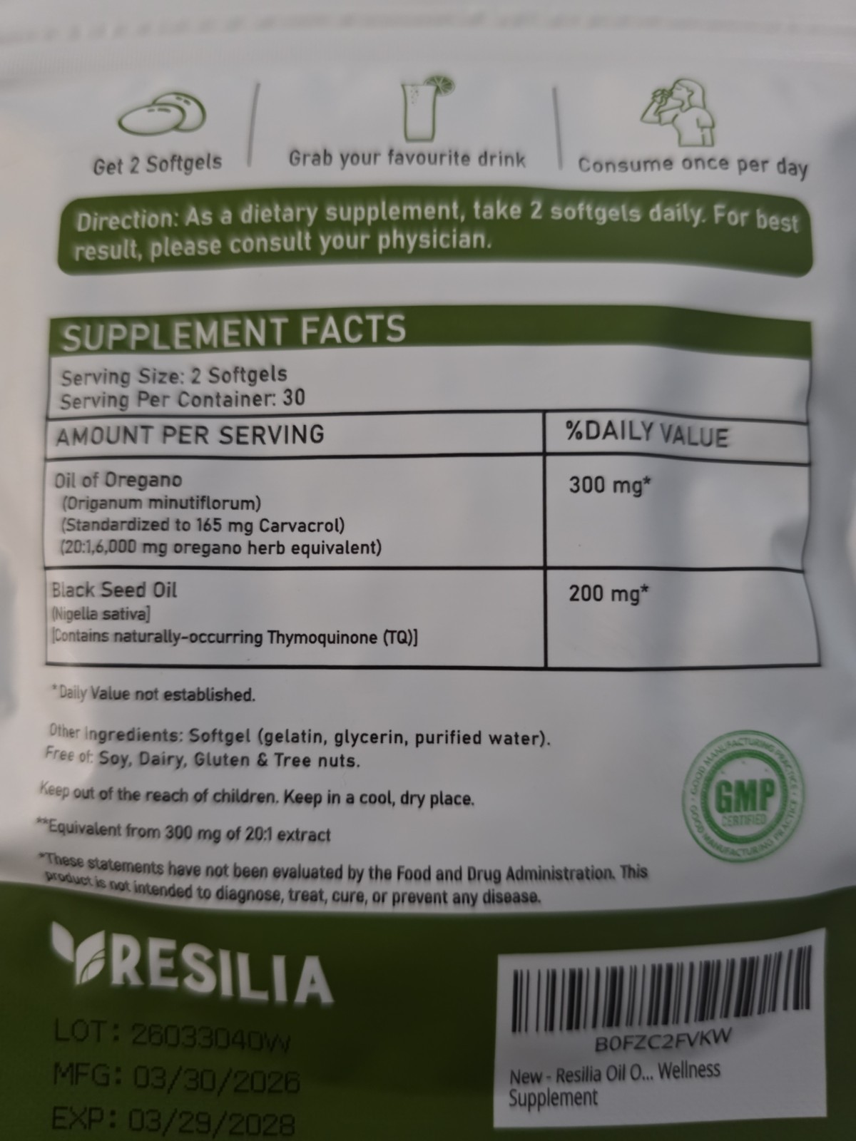 Resilia Oil of Oregano 6000mg with Black Seed Oil Softgels – 60 Capsules 1xPk
