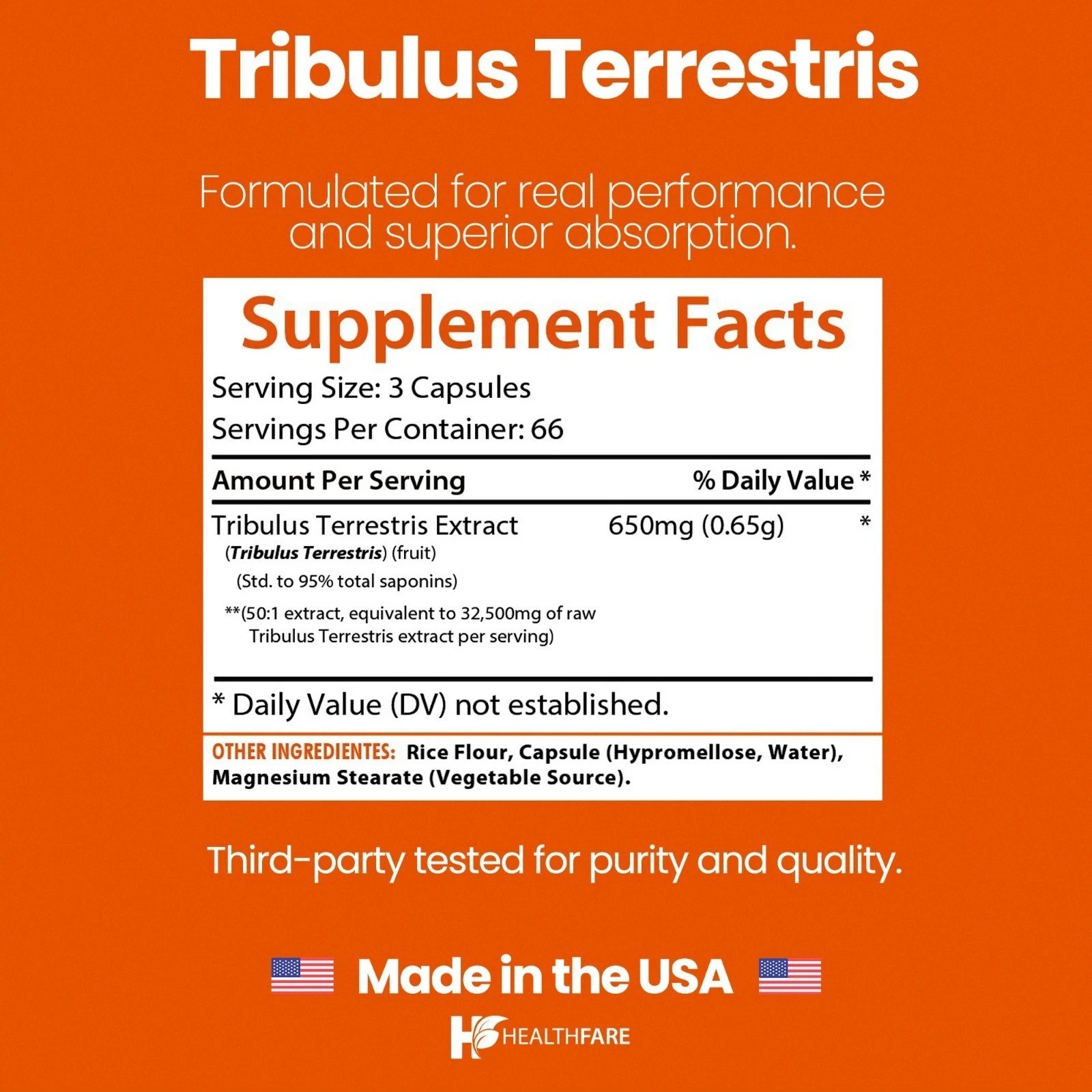 Healthfare Tribulus Terrestris 32,500mg 200 Caps High Potency Herbal Supplements