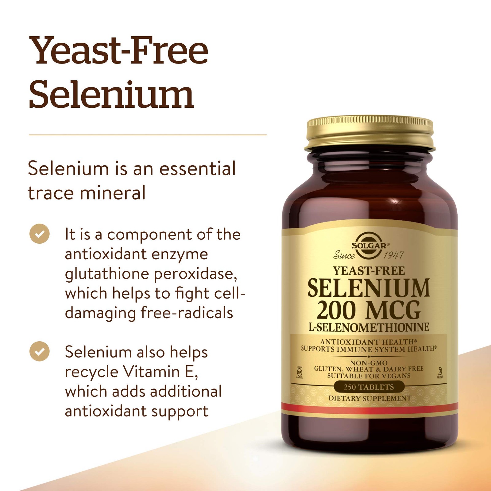 Solgar Yeast-Free Selenium 200 mcg, 250 Count (Pack of 1), Standard Packaging