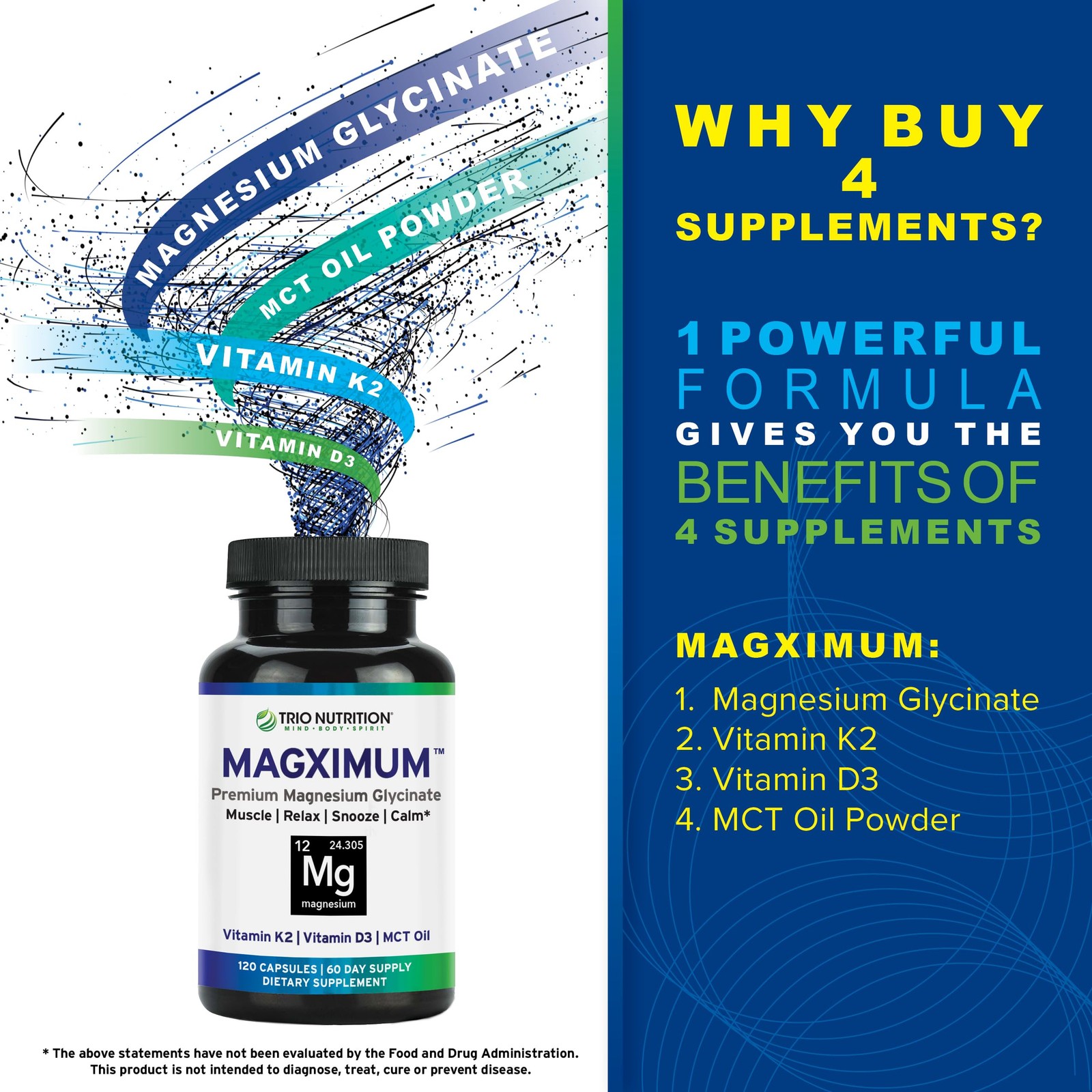 Trio Nutrition MagX Magnesium Glycinate, Vitamin D3, 120 Count (Pack of 1)