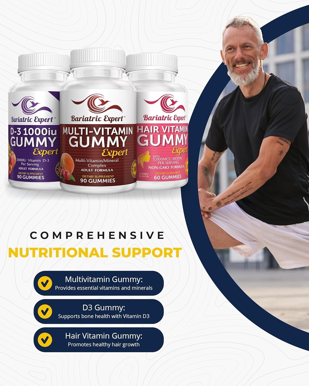 Bariatric Multivitamin Gummy 3 Pack D3 & Hair Formula Chews Adult Daily