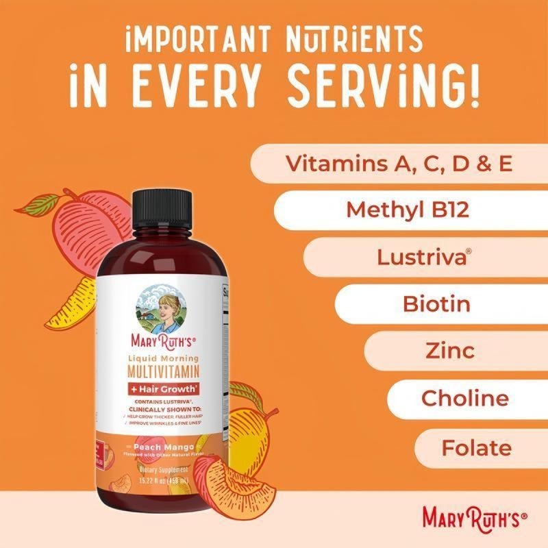 MaryRuth’s Liquid Multivitamin Hair Growth Women Biotin Peach Mango 450ml Fresh