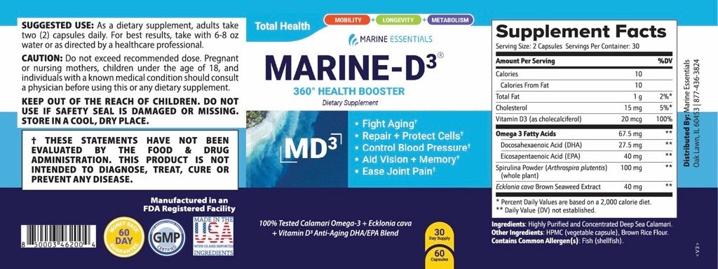 Marine Essentials | Marine-D3 | Anti-Aging | Omega-3 | 4 Bottles (240 Capsules)