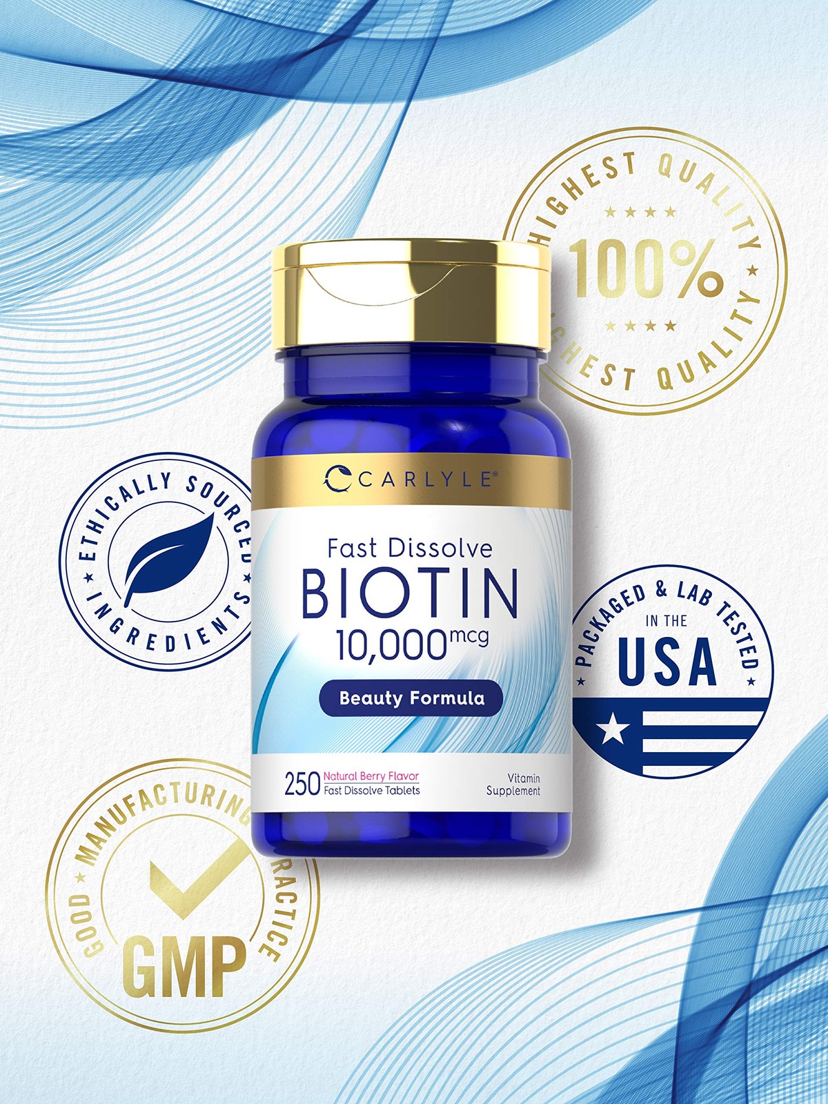 Carlyle Biotin 10000mcg | 250 Fast Dissolve Tablets | 250 Count (Pack of 1)