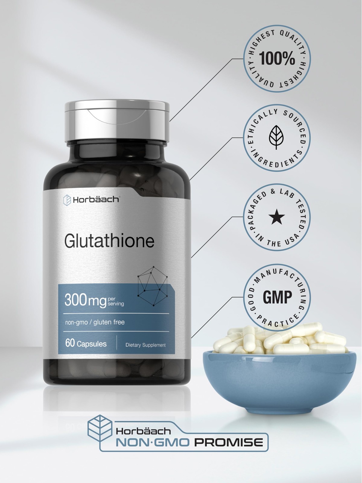 Horbaach Glutathione Supplement | 300mg | 60 Capsules | 60 Count (Pack of 1)