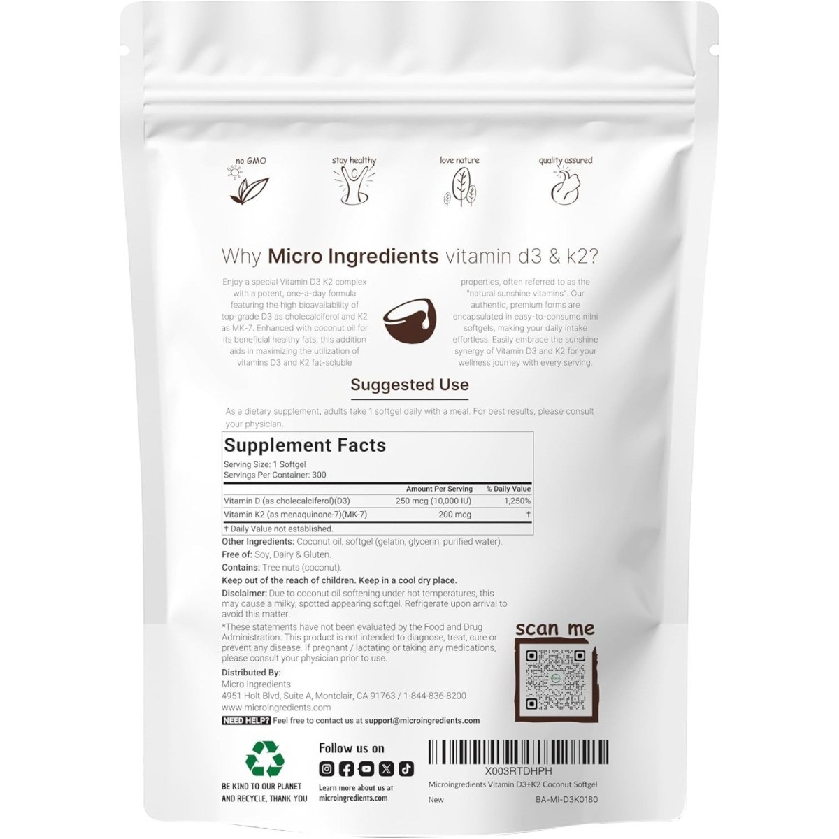 Micro Ingredients Vitamin D3 10000 IU + K2 MK7 Coconut Oil Softgels Supplement