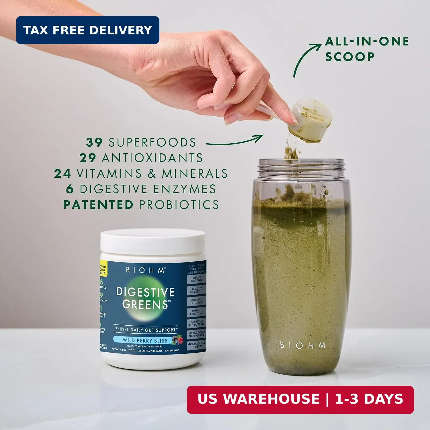 Digestive Greens, Green Superfood Powder (7.4 Oz, 30 Servings) Immune & Gut Heal