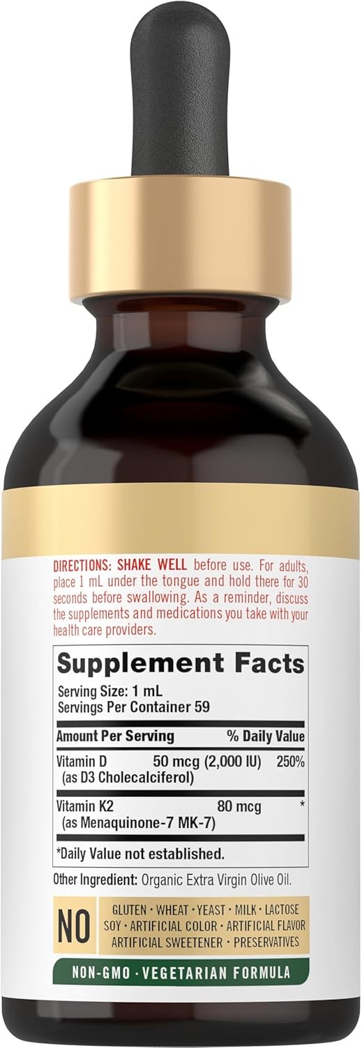 Vitamin D3 K2 MK7 Liquid Drops | 2 Fl Oz | Vegetarian, Non-GMO | by Carlyle