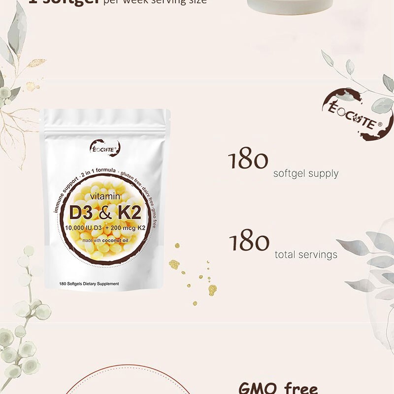 Vitamin D3 10000 iu Plus K2 (MK-7) 200 mcg, 180 primary coconut oil soft capsule