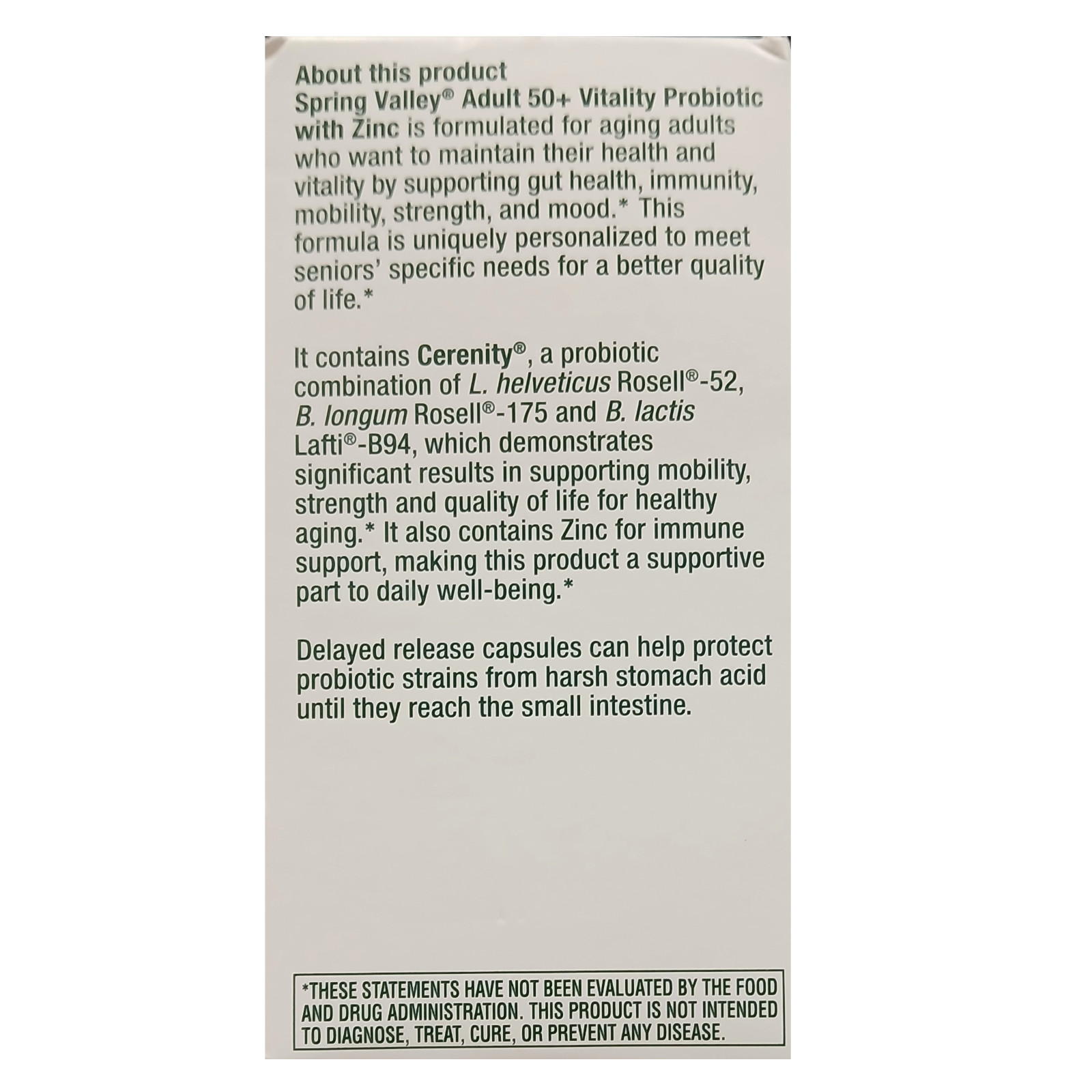 Adult 50+ Healthy Aging VITALITY Probiotic w/ Zinc 8 Billion CFU 30 Veg Caps