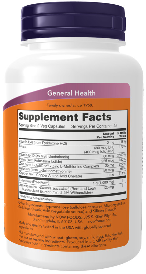 NOW Foods Thyroid Energy 90 Caps Iodine Tyrosine Ashwagandha Zinc 03/2025