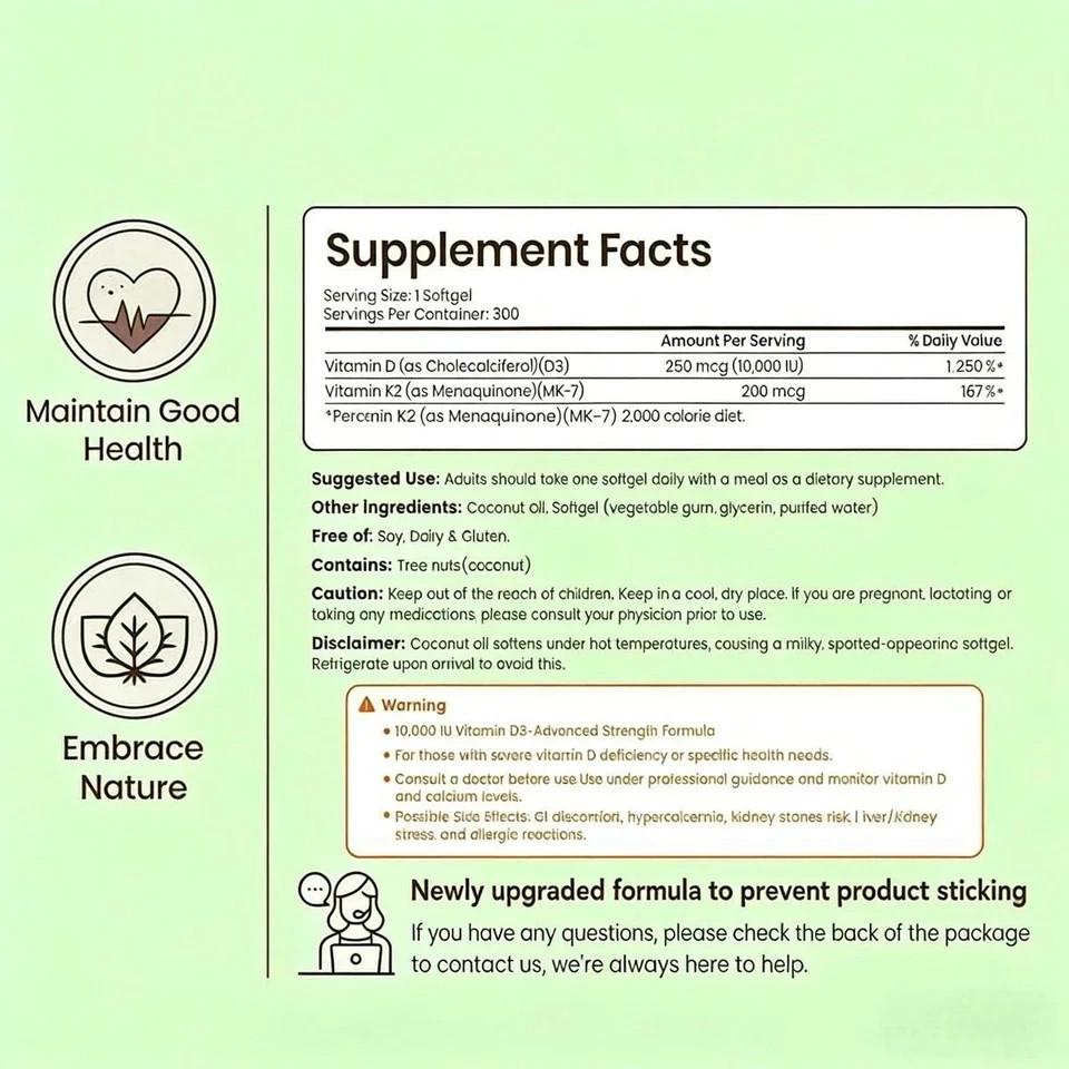 VEV D3 K2 2-in-1 Vitamin Support 300 Ct-10000 IU Softgels with Coconut Oil,