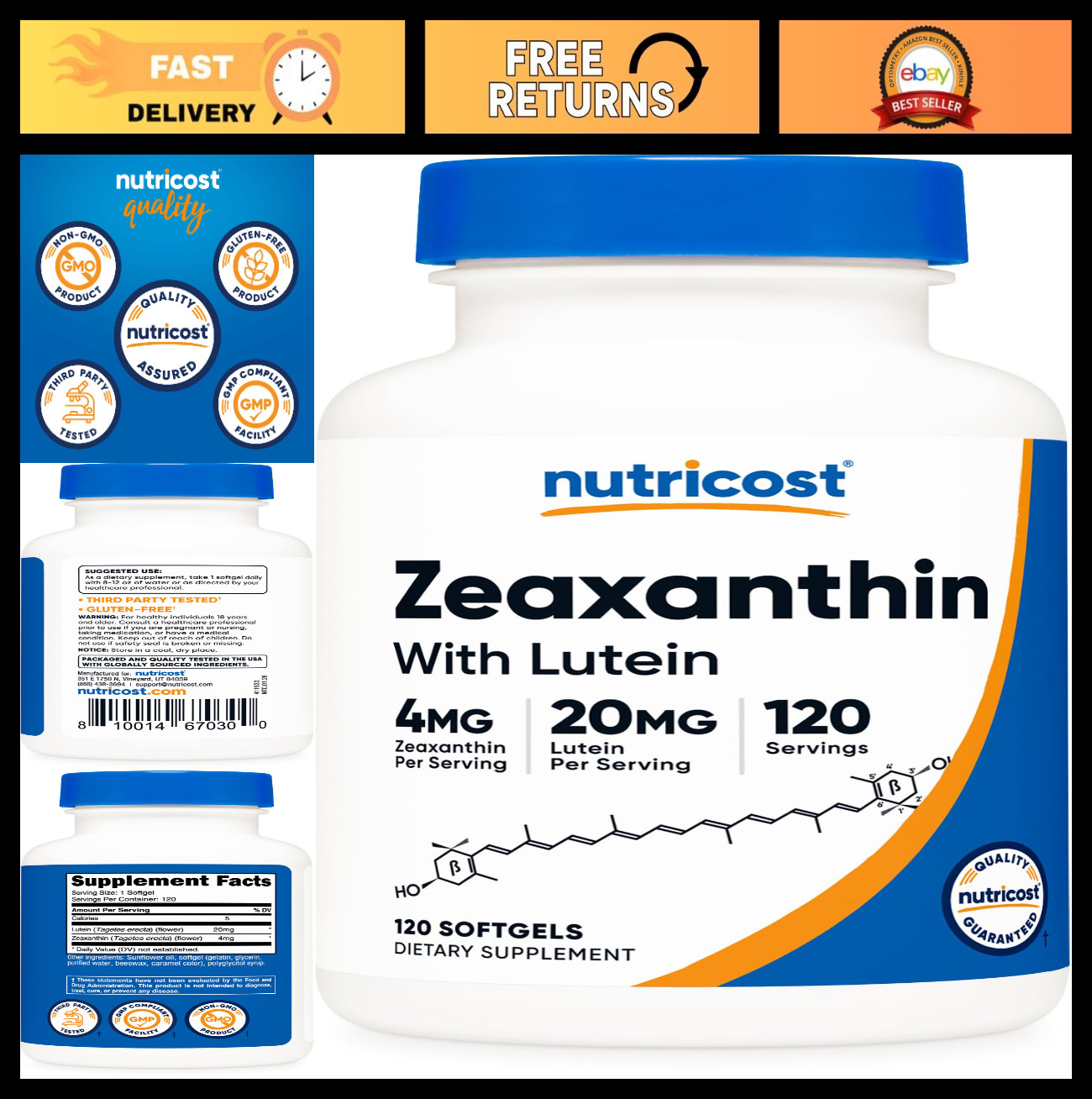 Zeaxanthin & Lutein 20mg Softgels – Potent Antioxidant, GMO-Free, Gluten-Free, 1