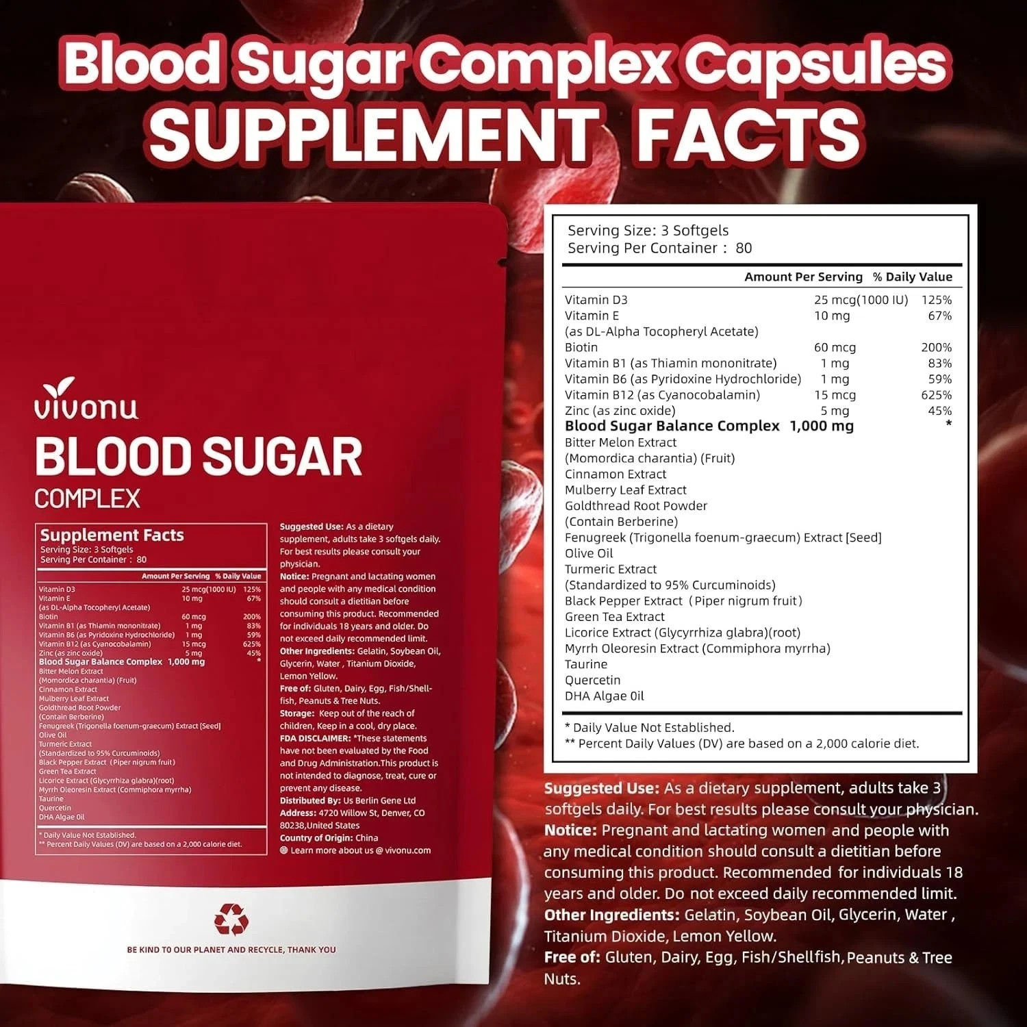 VivoNu Blood Sugar Complex Supplement with 20 Herbs and Vitamins 240 Softgels.