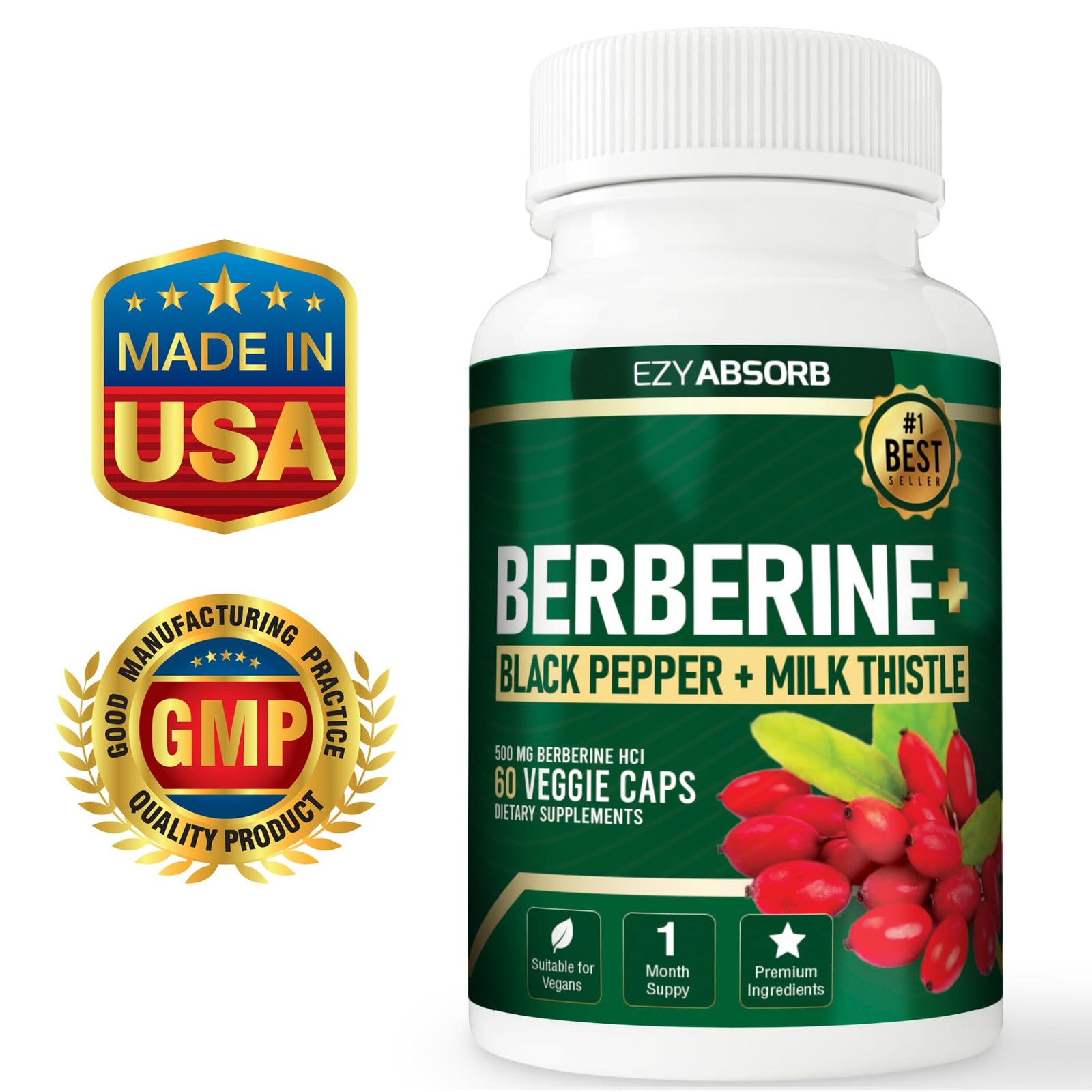 Ezyabsorb Gluten-Free Berberine 500Mg 60 Veggie Capsule W/La-3 Ampk Metabolic
