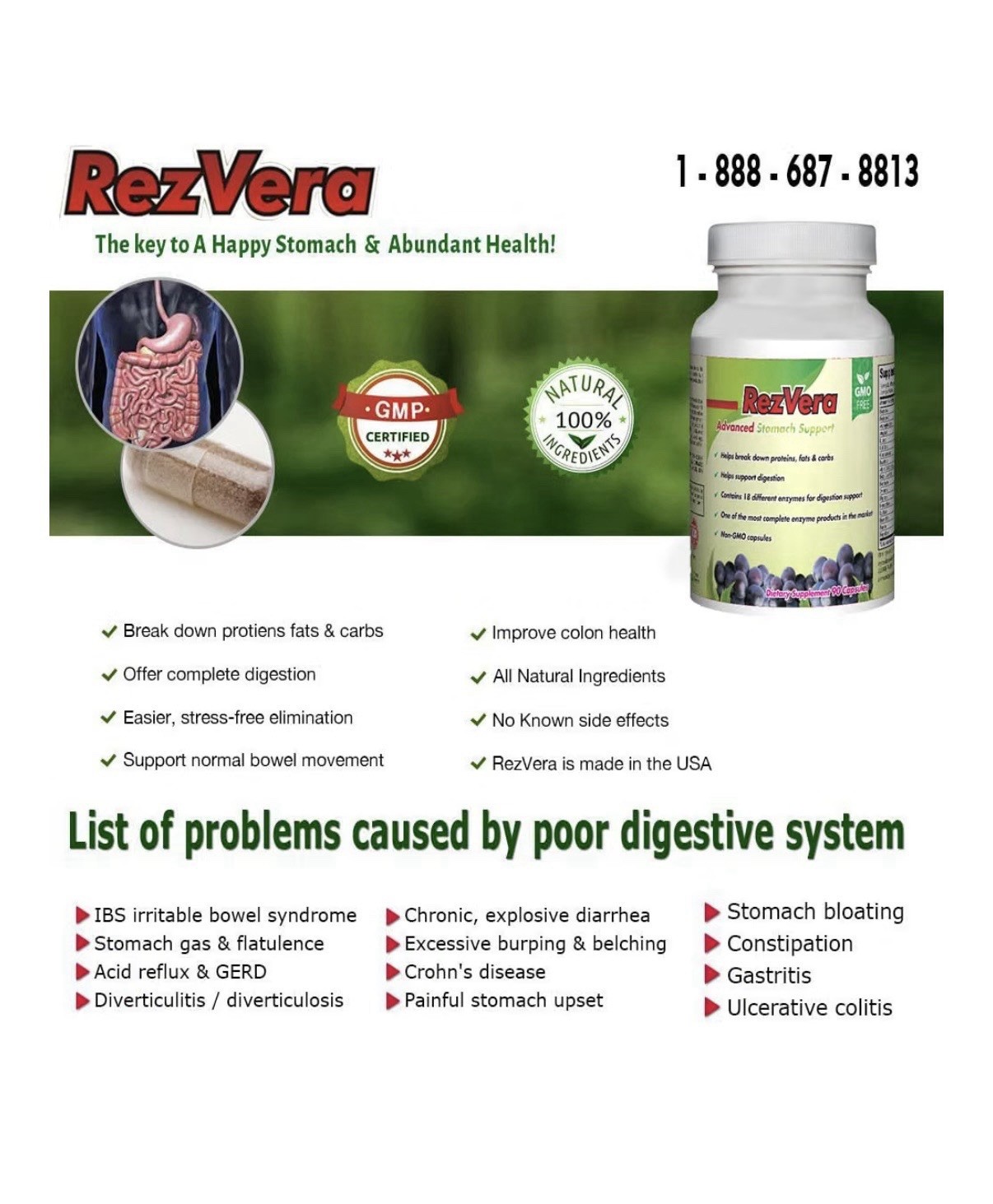 RezVera #1 Best All Natural Digestive Supplement 90 Caps