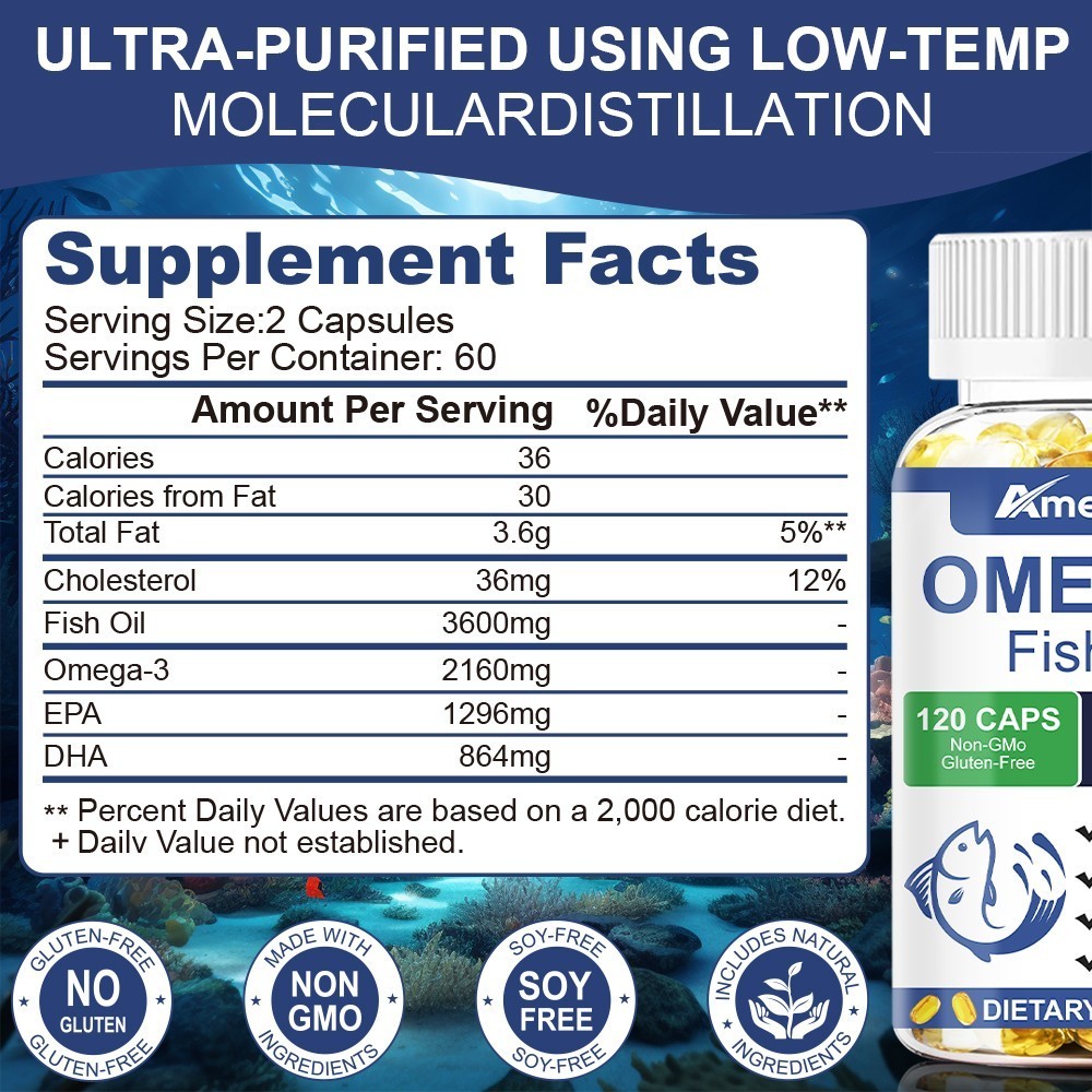 3x Strength EPA & DHA Omega 3 Fish Oil 3600mg, Highest Potency, 120 Softgels
