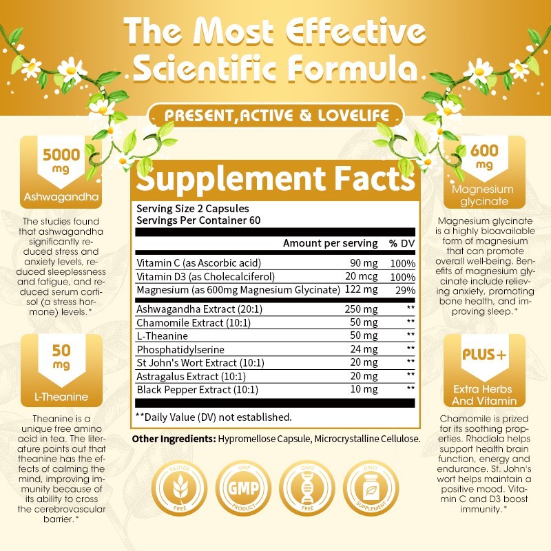 120 Pills Cortisol Supplement Magnesium Ashwagandha L-theanine – Relieve Stress