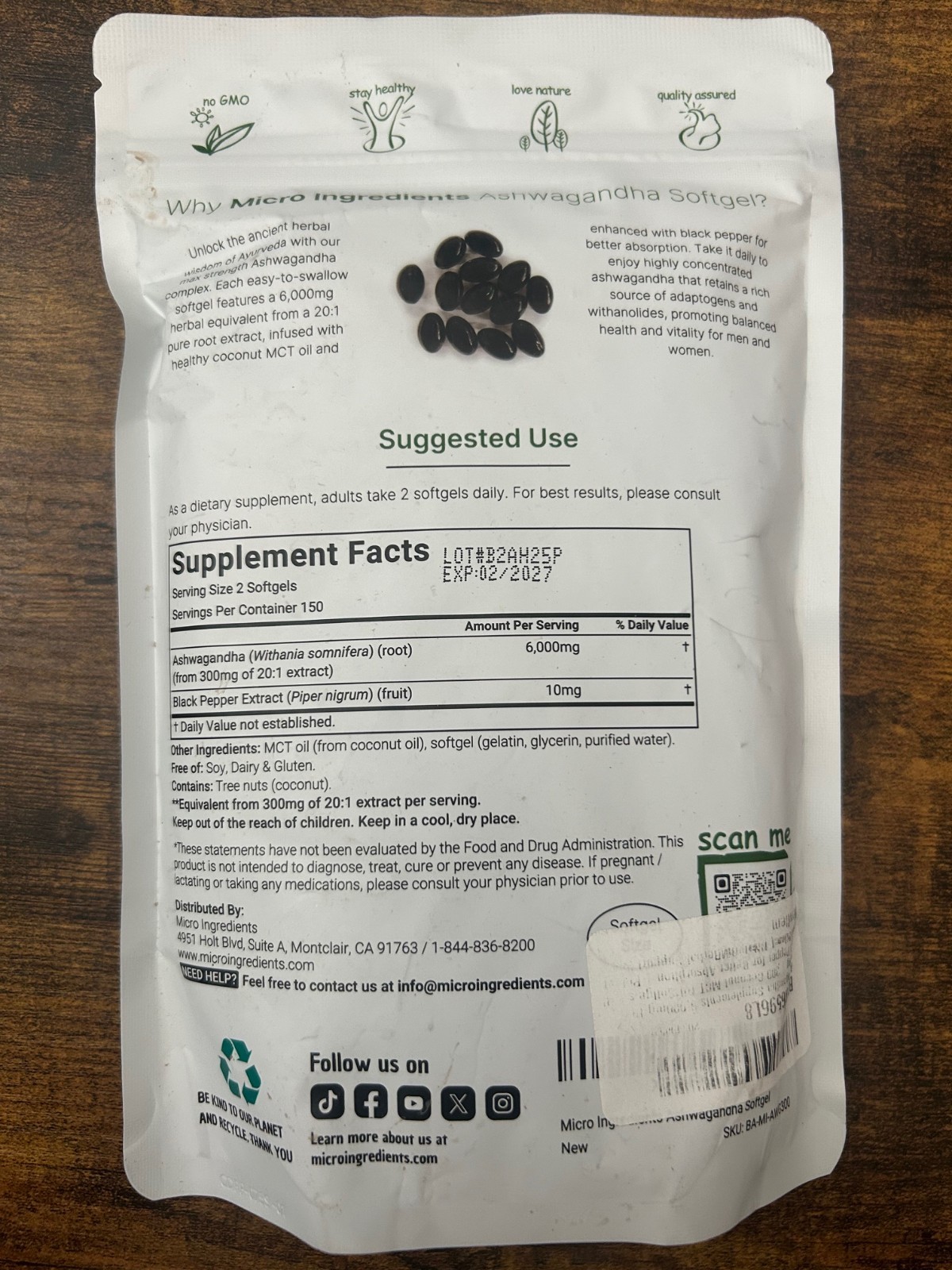 Micro Ingredients Ashwagandha Made with MCT Oil 300 Softgels Sealed Exp 02/2027