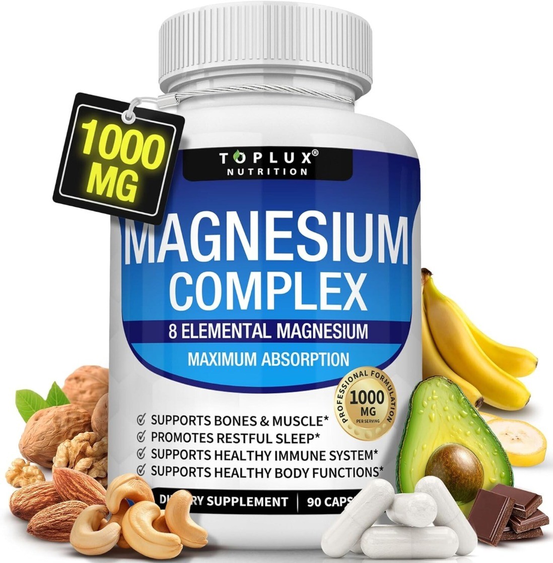 Magnesium Complex 1000mg, 8 Elemental Magnesium 90 Capsules Gluten Free- Non-GMO