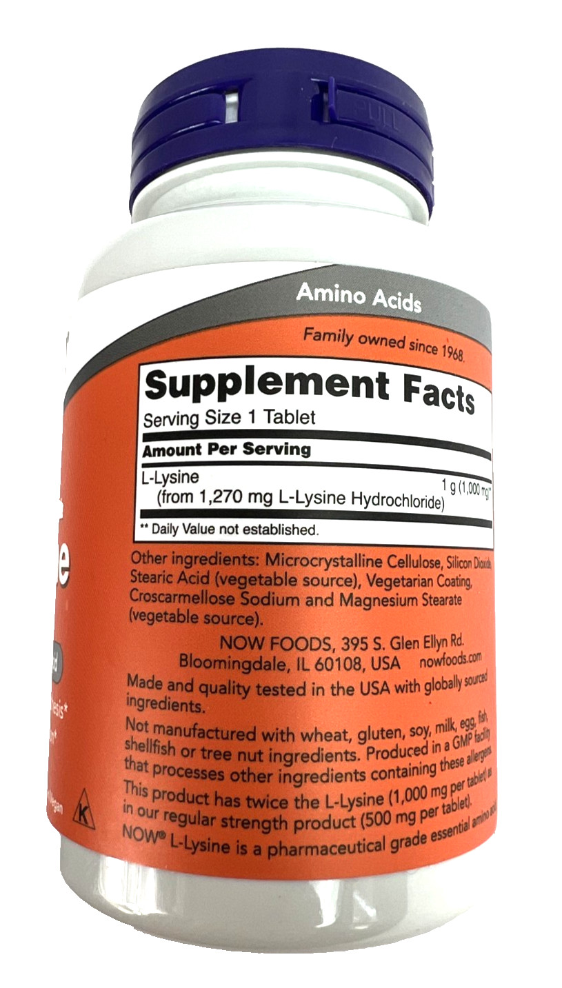 NOW Double Strength L-Lysine 1000 mg 100 Tablets Cold Sores Best By 12/2030 NEW