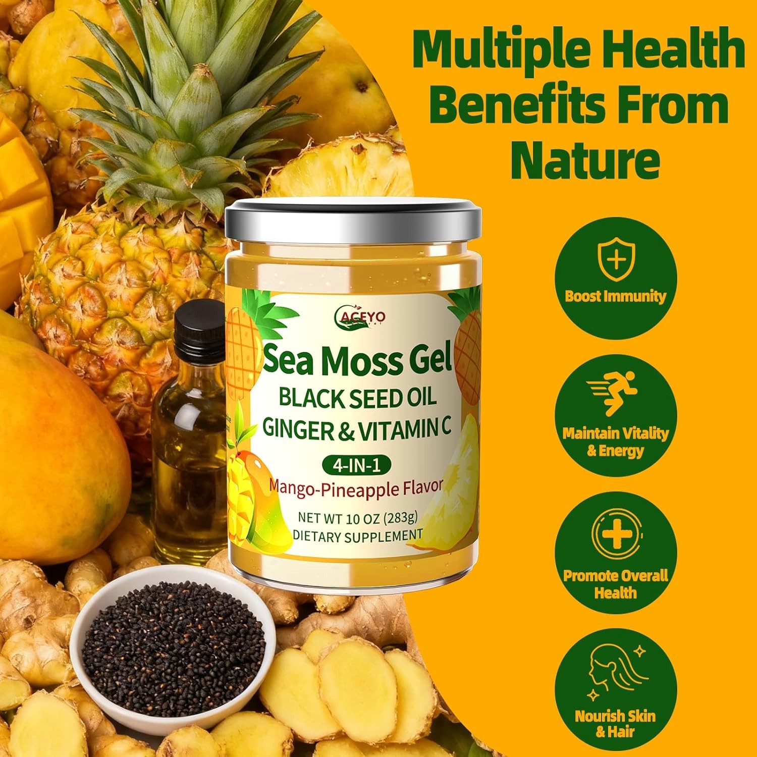 ACEYO Sea Moss Gel 4-in-1 Mango Pineapple Vegan Superfood 10oz