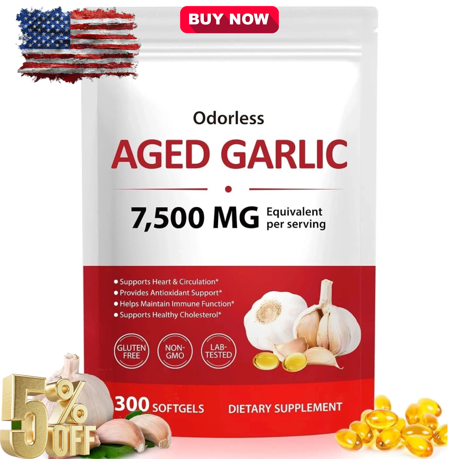 Odorless Garlic 7500Mg per Servings, 300 Softgels | 2 Years Aged Garlic Extra…