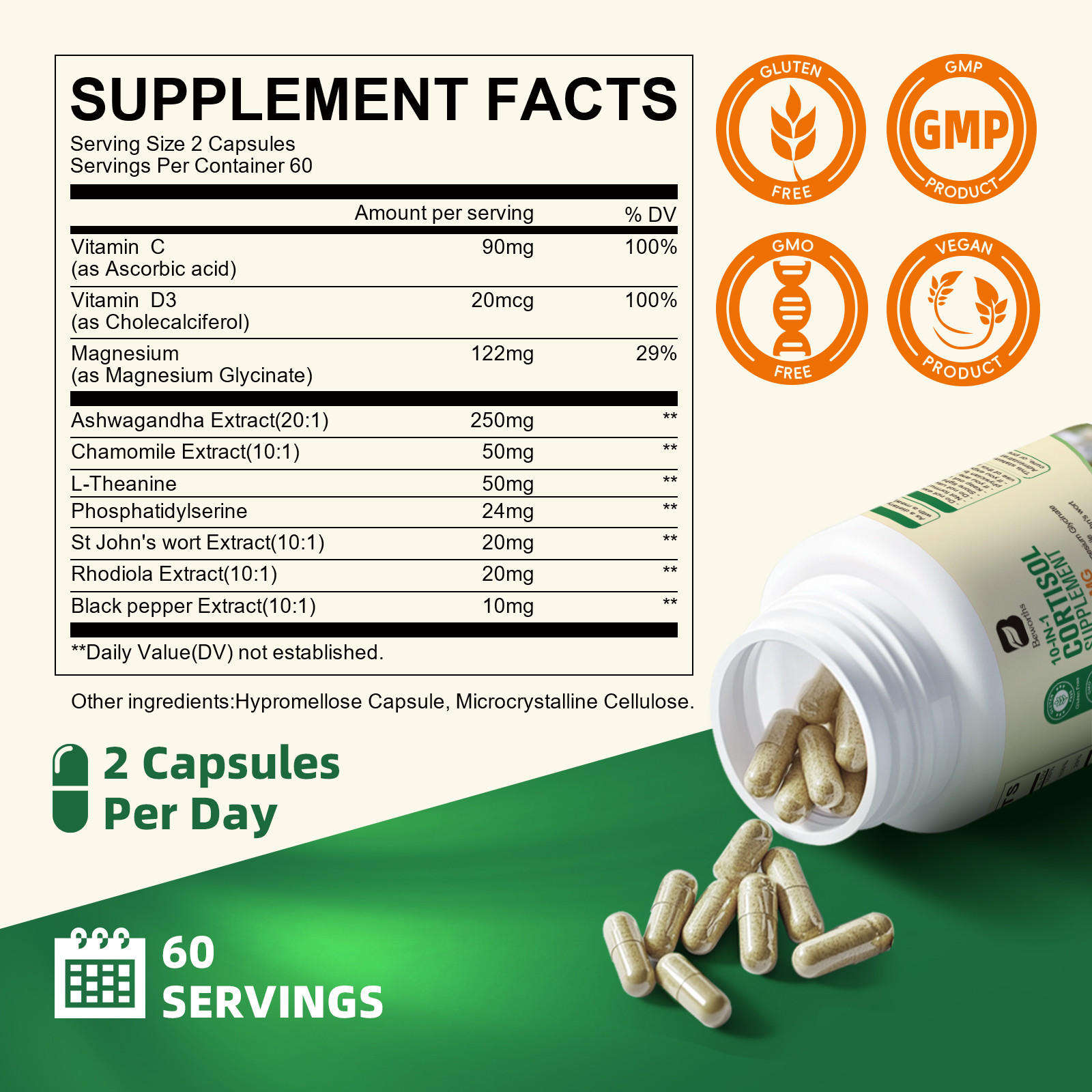 Super Cortisol Supplement Magnesium Ashwagandha L-theanine,Relieve Stress 120PCS