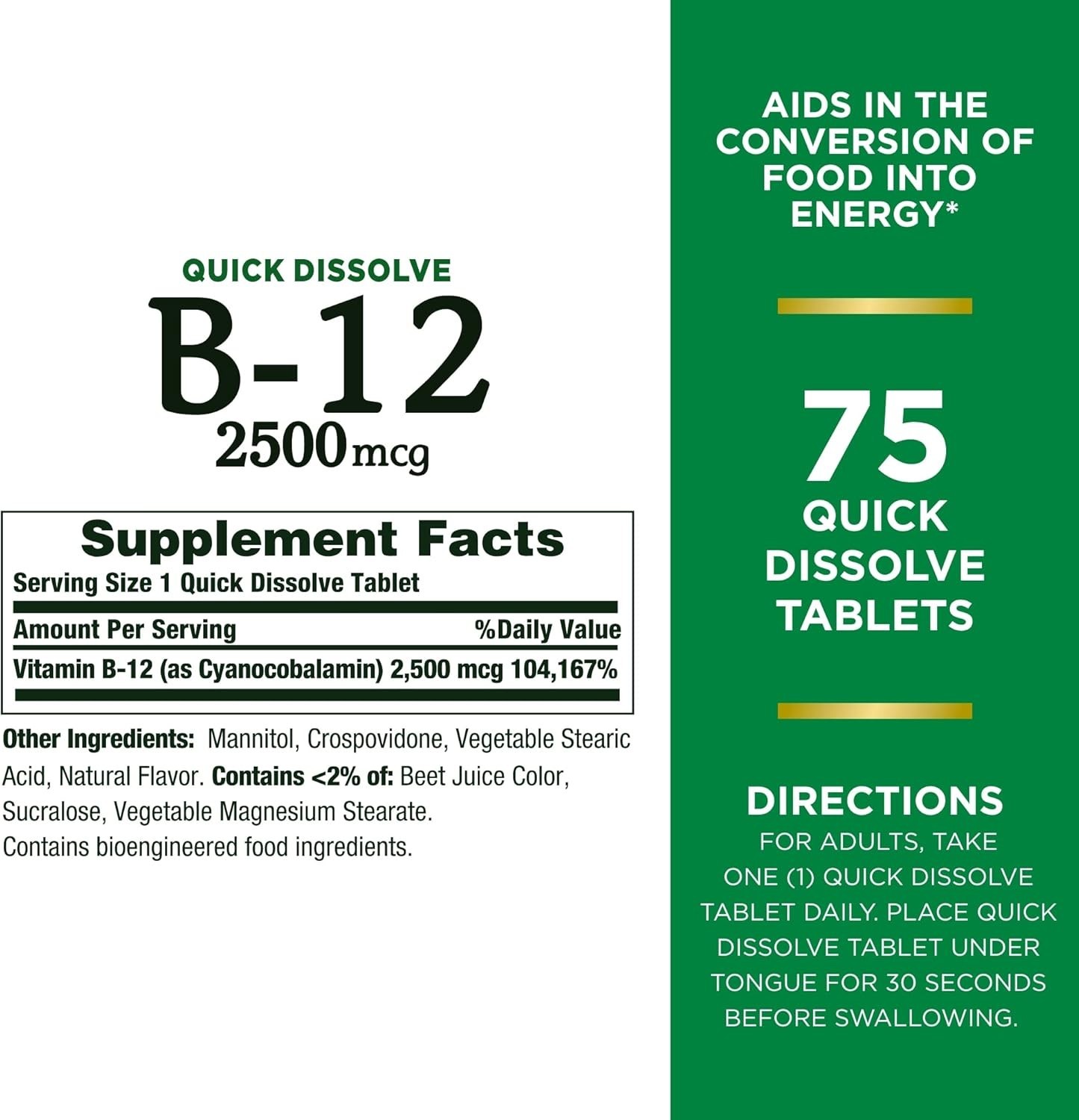 Nature’s Bounty Vitamin B12 2500 mcg, Cellular 75 Count (Pack of 1), Green