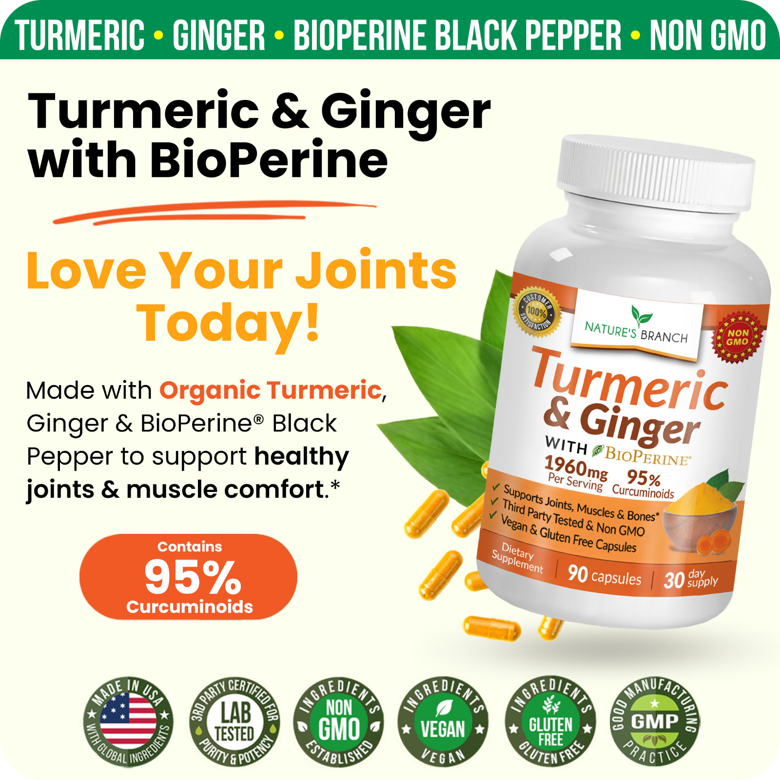 ☀ Max Strength Turmeric and Ginger With BioPerine Black Pepper | 90 Capsules