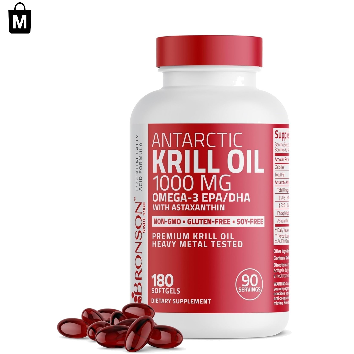 1000 mg Antarctic Krill Oil with Astaxanthin, 180 Softgels – Non-GMO & Soy Free