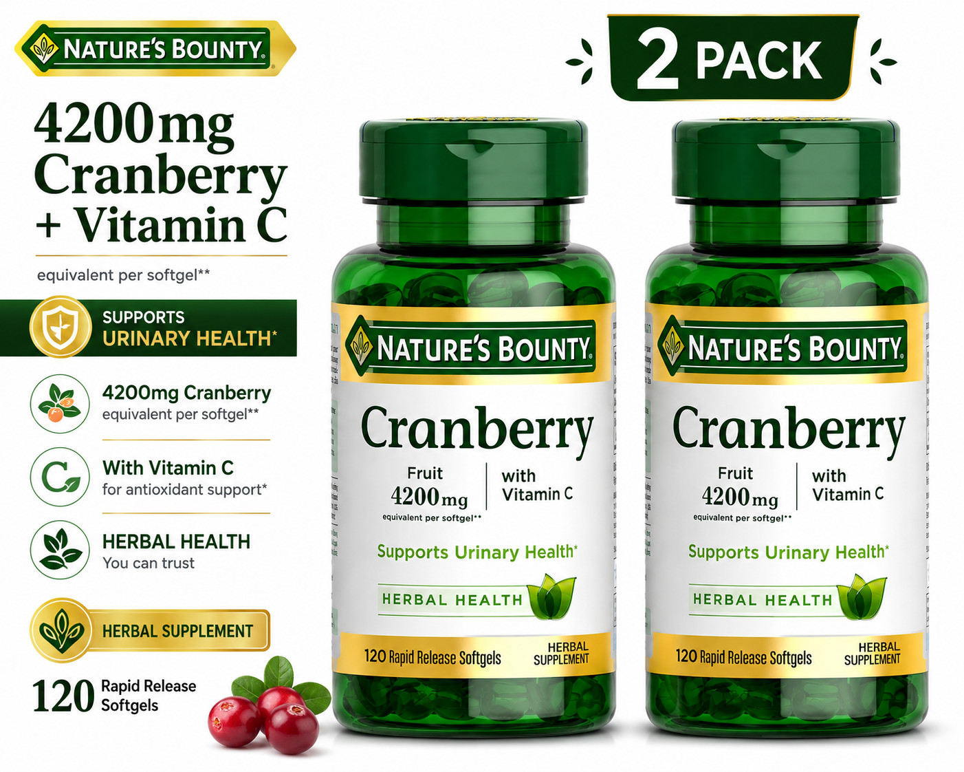 Nature’s Bounty Cranberry + Vitamin C 4200mg 2 Pack 120 Softgels Immune Support