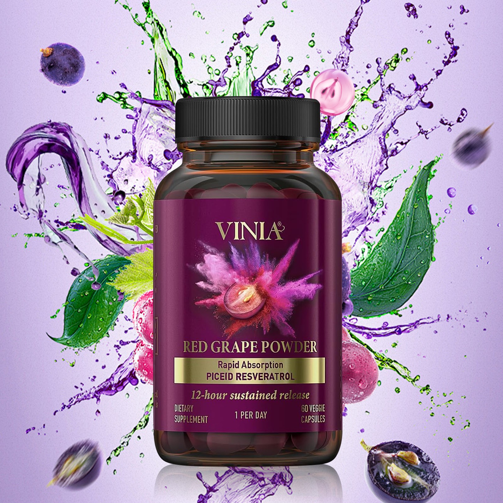 Vinia Red Grape Powder Rapid Absorbtion Piceid Resveratrol 30 Veggie Capsul New