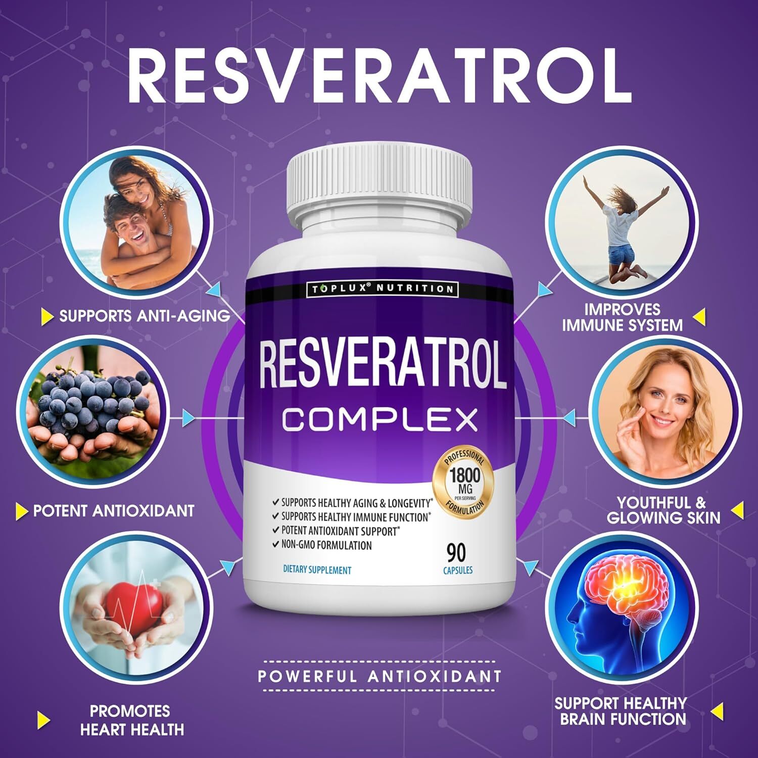 Resveratrol Supplement 1800mg Antioxidant Complex Healthy Aging 90 Capsules NEW