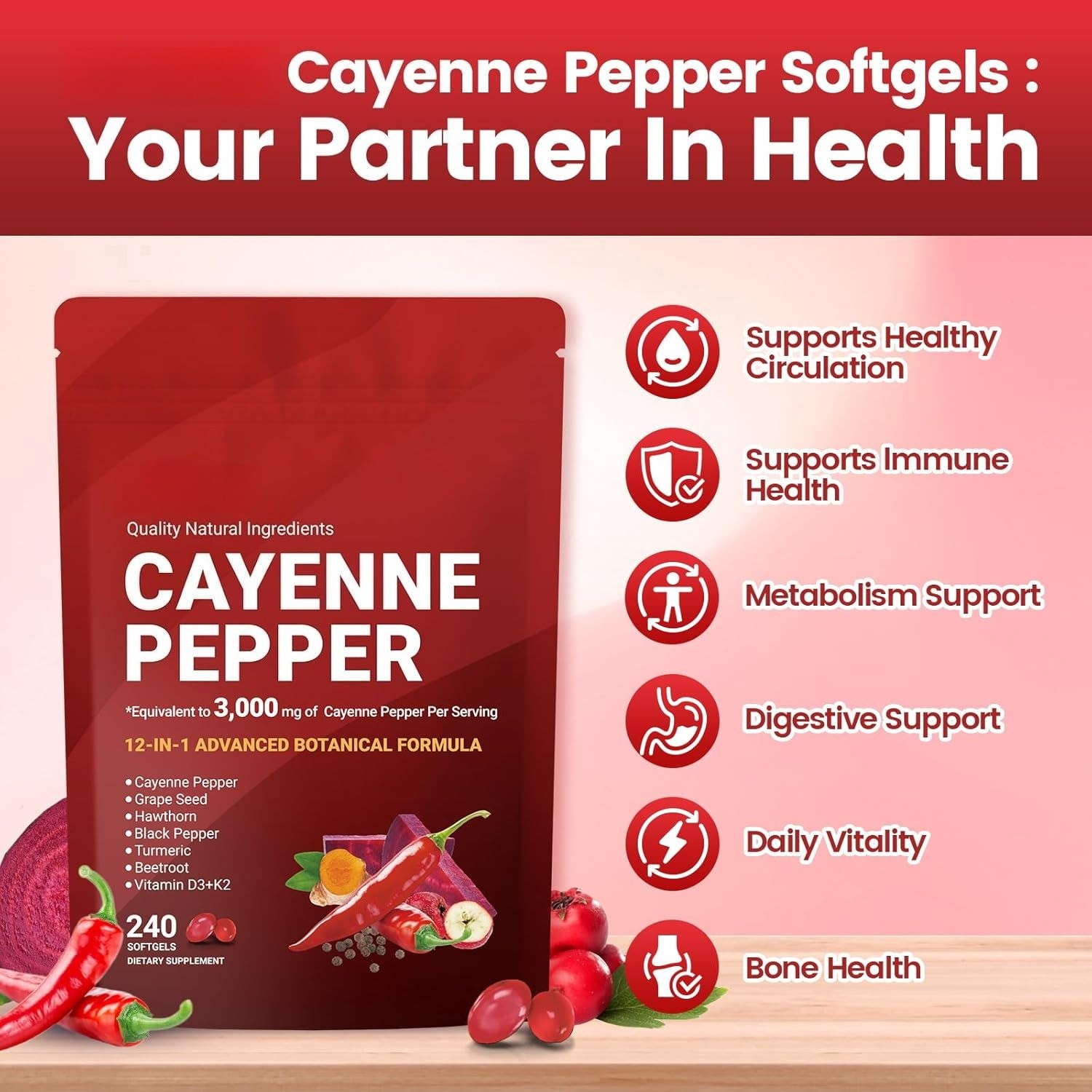 Cayenne Pepper Softgel Relief Leg Vein Heart Blood Vessel Health Vitamin D3+K2
