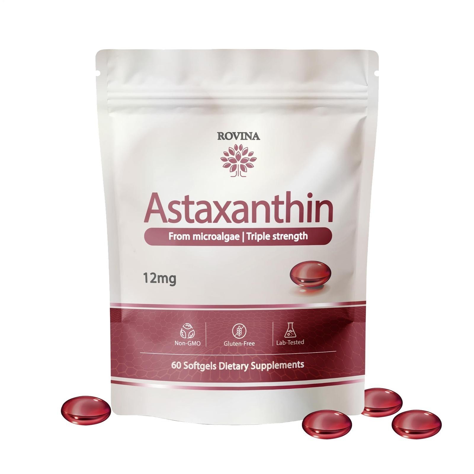 ROVINA Astaxanthin 12mg Softgels From Microalgae-Triple Strength Antioxidant US