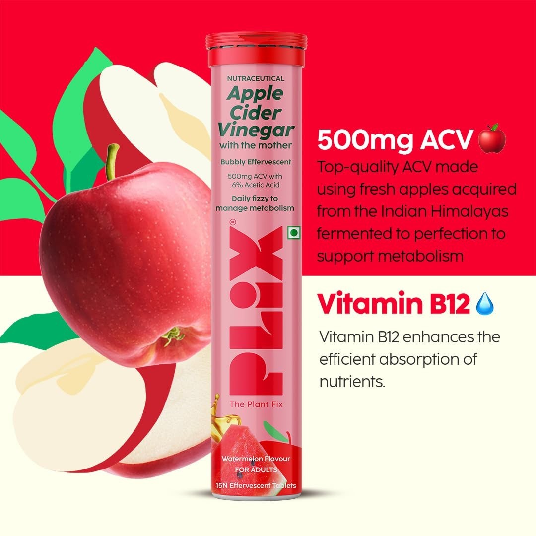 PLIX Plant Fix Apple Cider Vinegar Effervescent Tablets 500mg Pack of 3 x 15