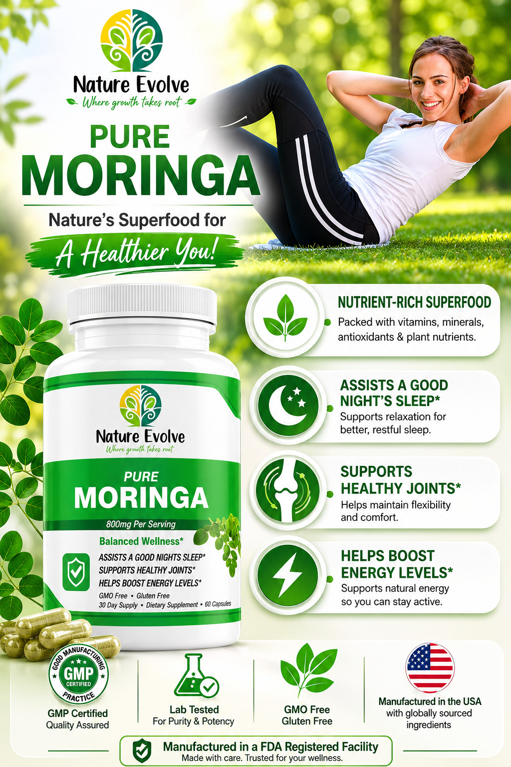 Nature Evolve Pure Moringa 800mg | 60 Veggie Capsules | GMO Free | Gluten Free