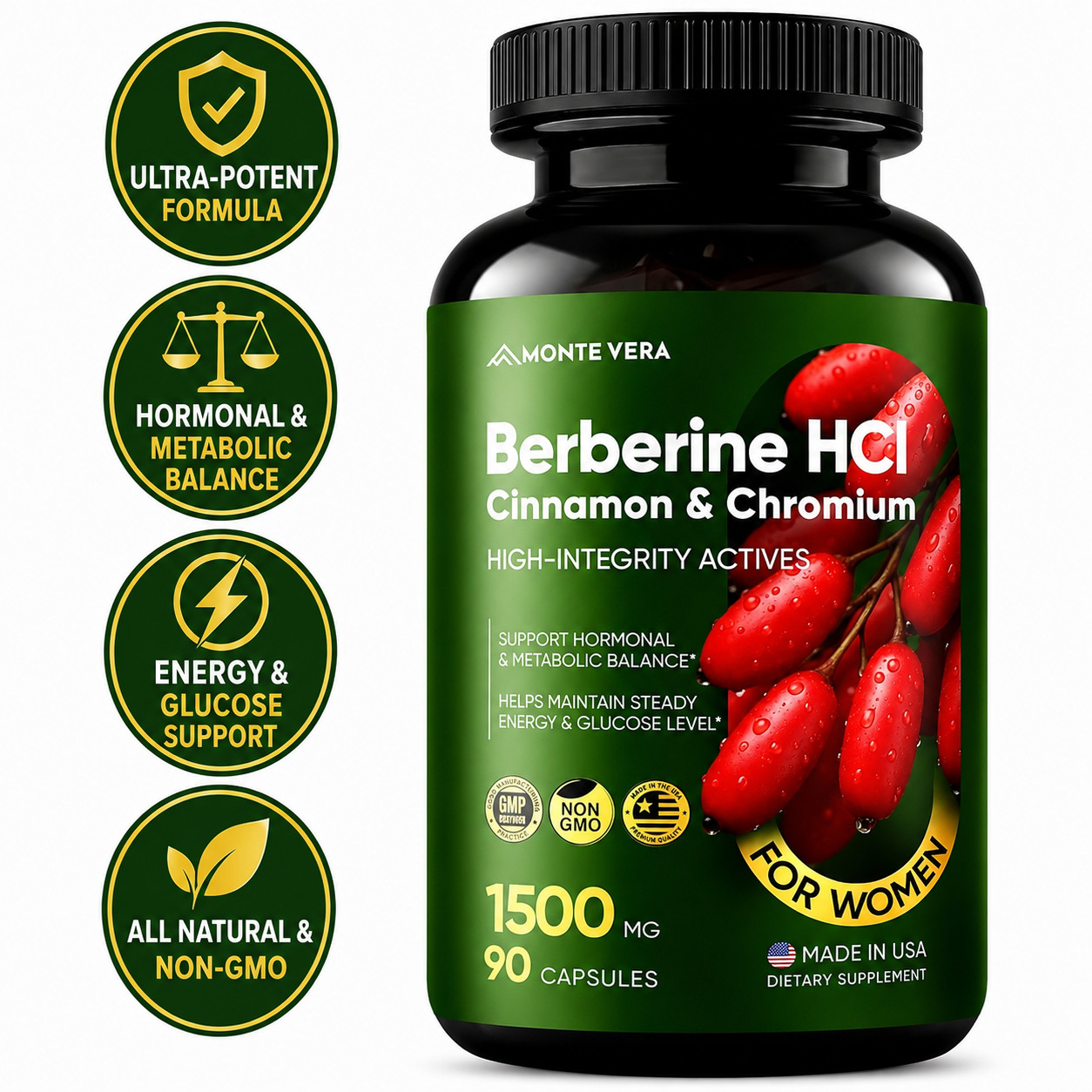 Berberine HCI 1500mg with Chromium Cinnamon Vegan Non-GMO Supplement 90 Capsules