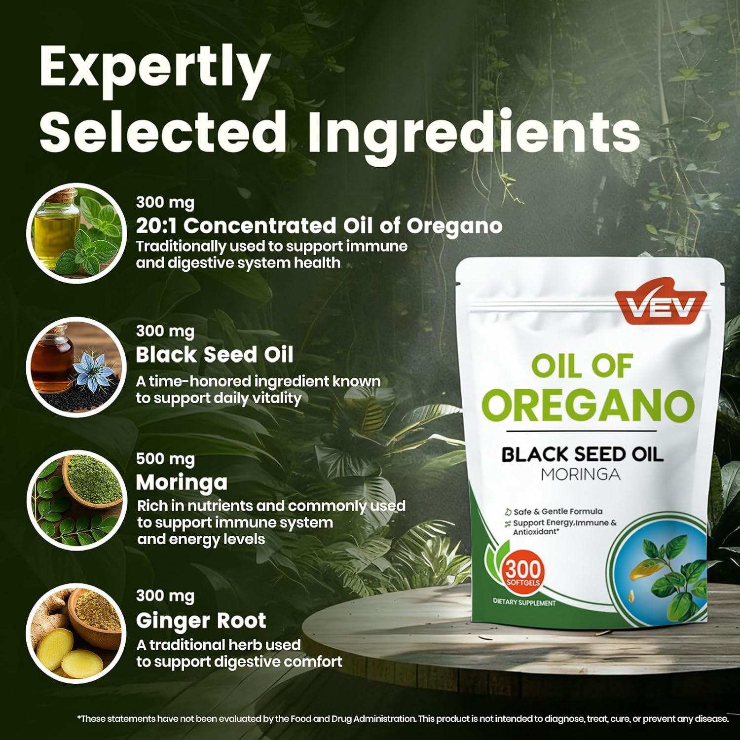 Oil of Oregano with Black Seed Oil & Moringa, Organic, 300 Softgels | Aceite De