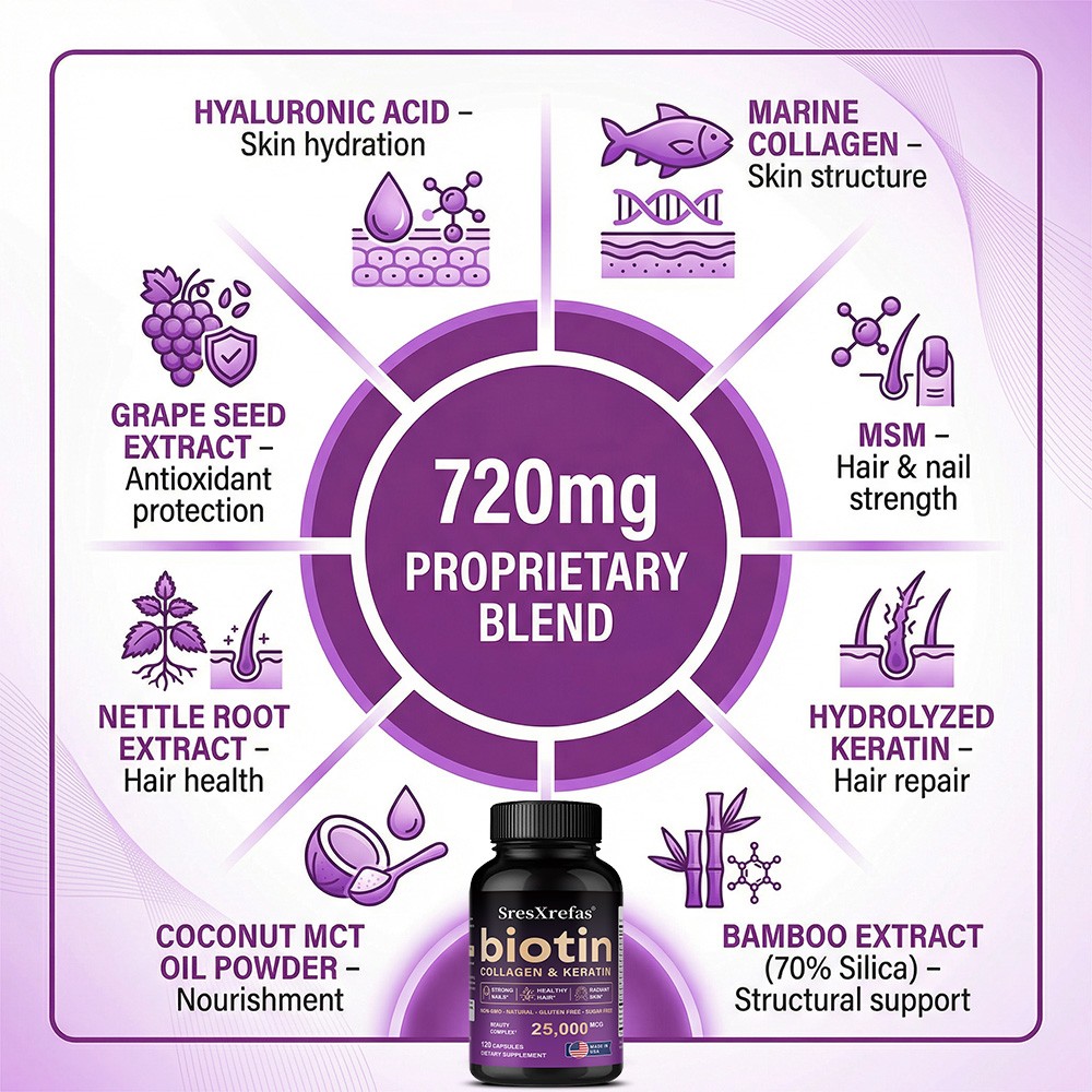 Biotin Collagen Keratin-Hair Skin Nails Health,Strong Non-Gmo 30/60/120 Capsules