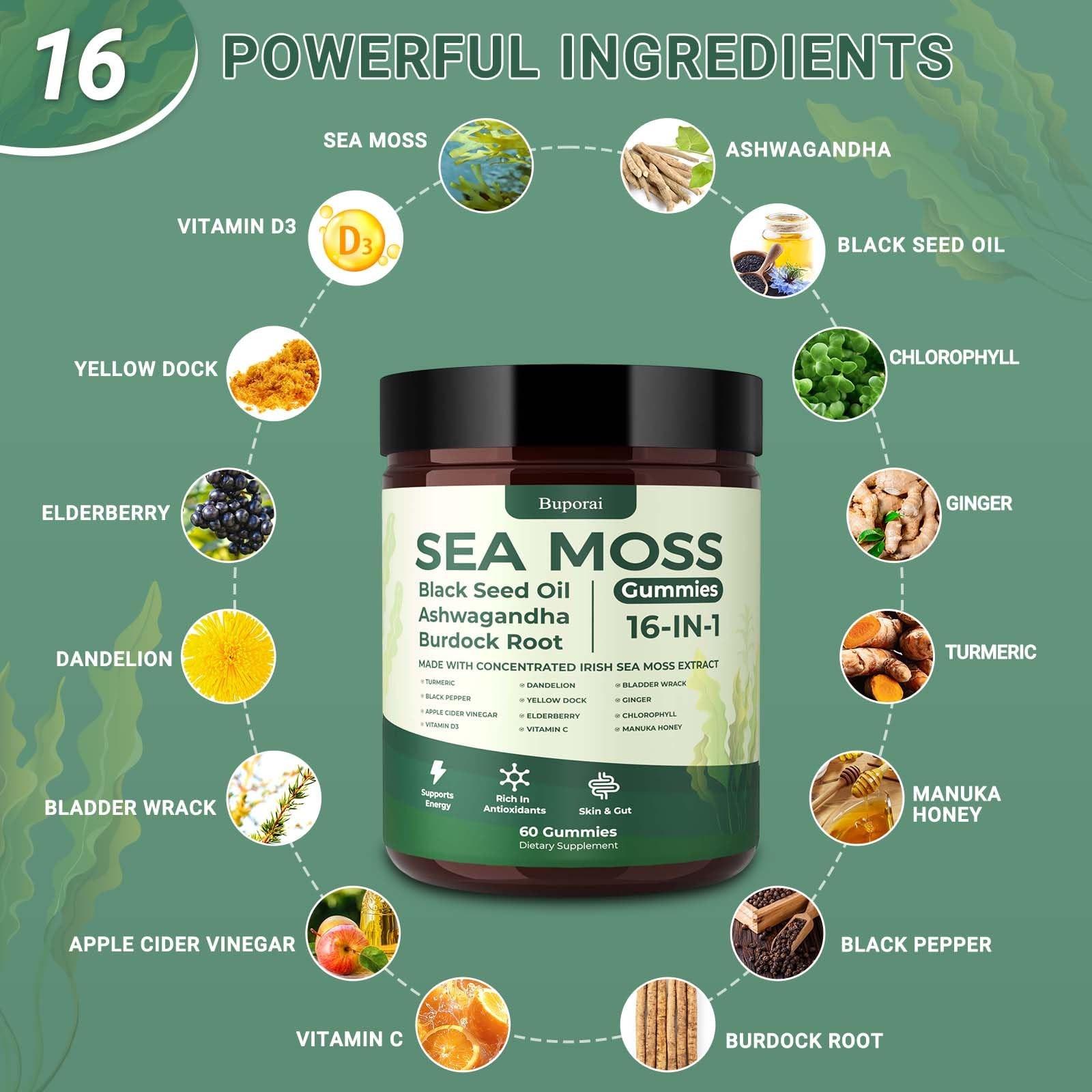 Buporai Sea Moss Gummies 16-1, Black Seed Oil Ashwagandha Turmeric Bladder Wrac