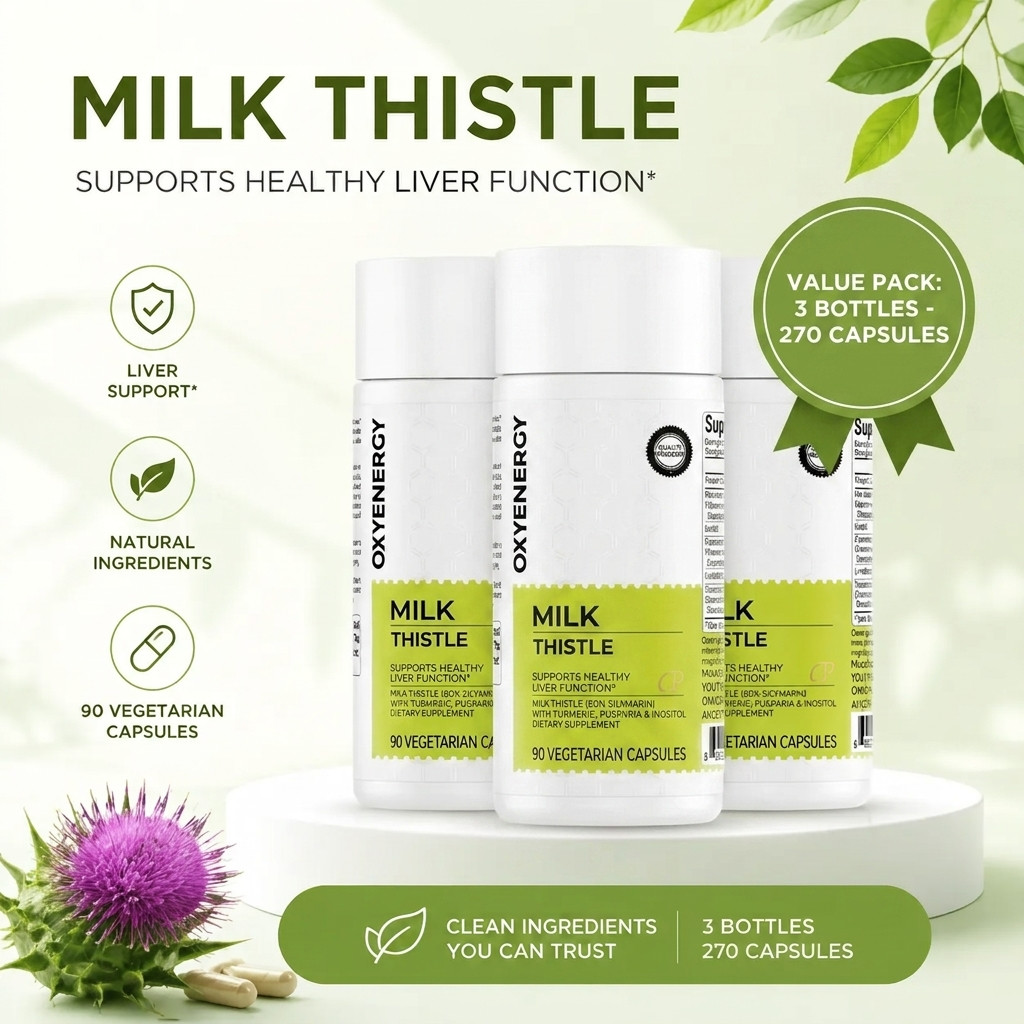OXYENERGY Milk Thistle Liver Support 3-Pack Silymarin Turmeric 180 Veggie Caps