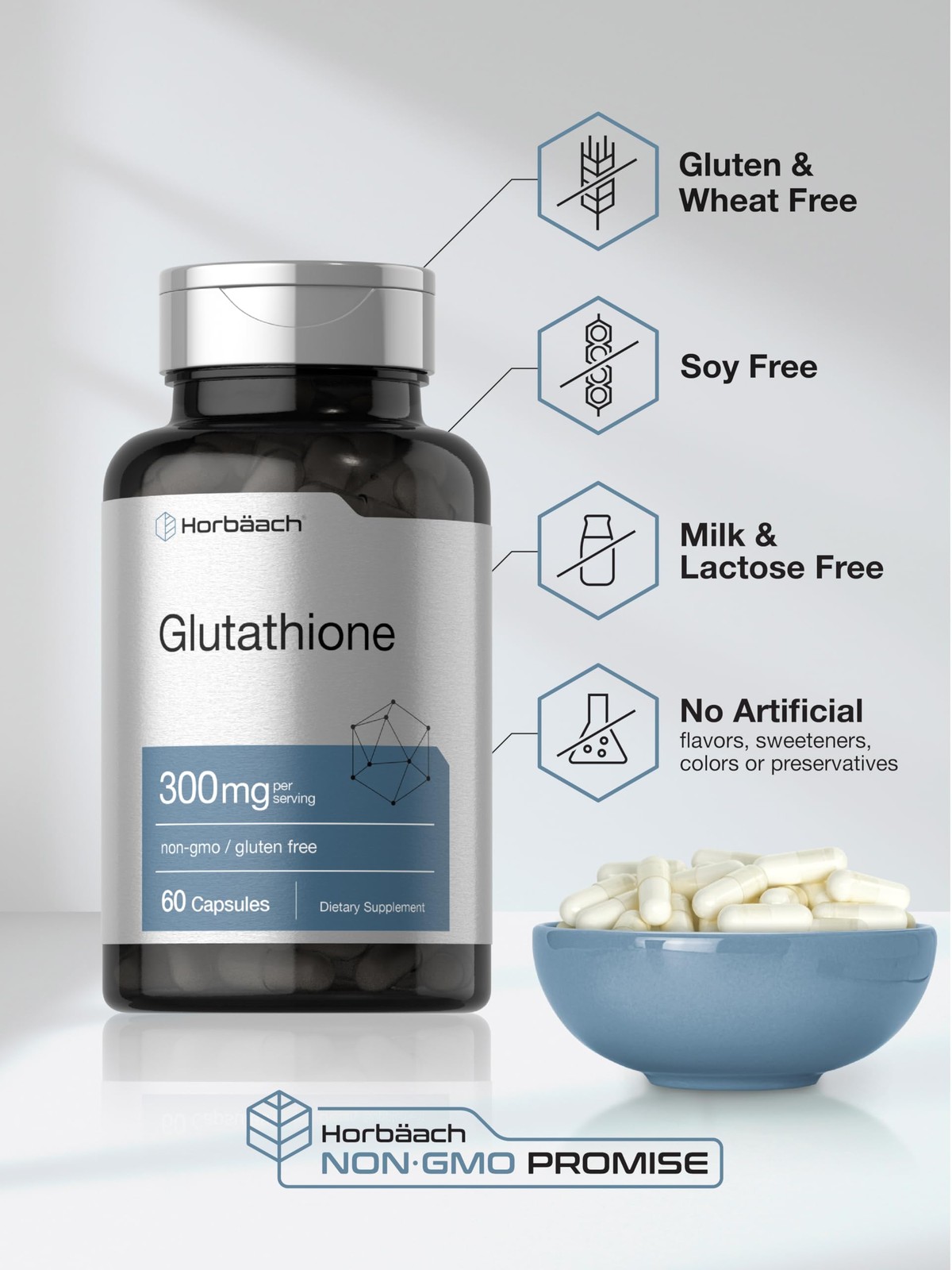 Horbaach Glutathione Supplement | 300mg | 60 Capsules | 60 Count (Pack of 1)