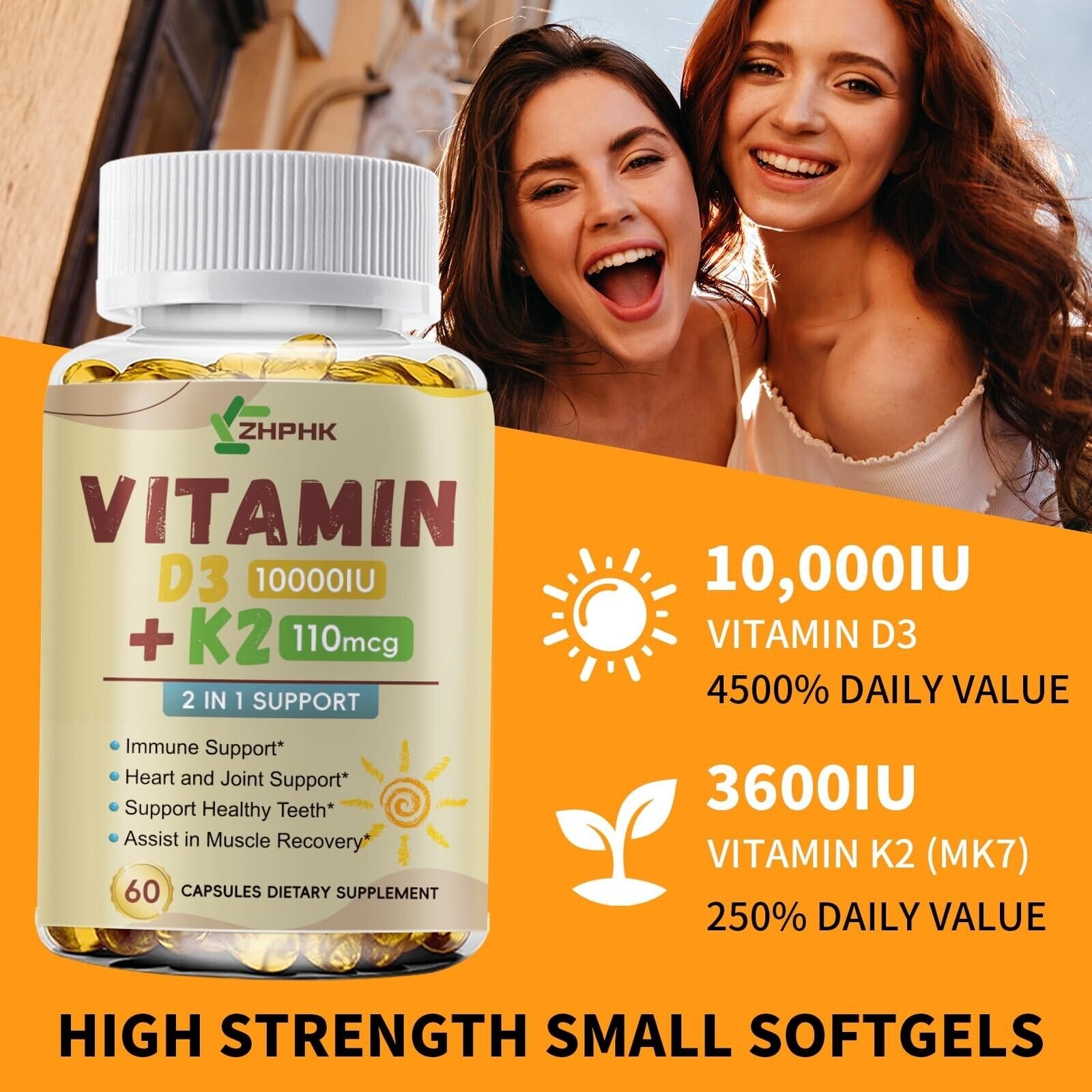 Powerful Vitamin D3 K2 Capsules Extra Strength Supplements with 10000 IU Softgel
