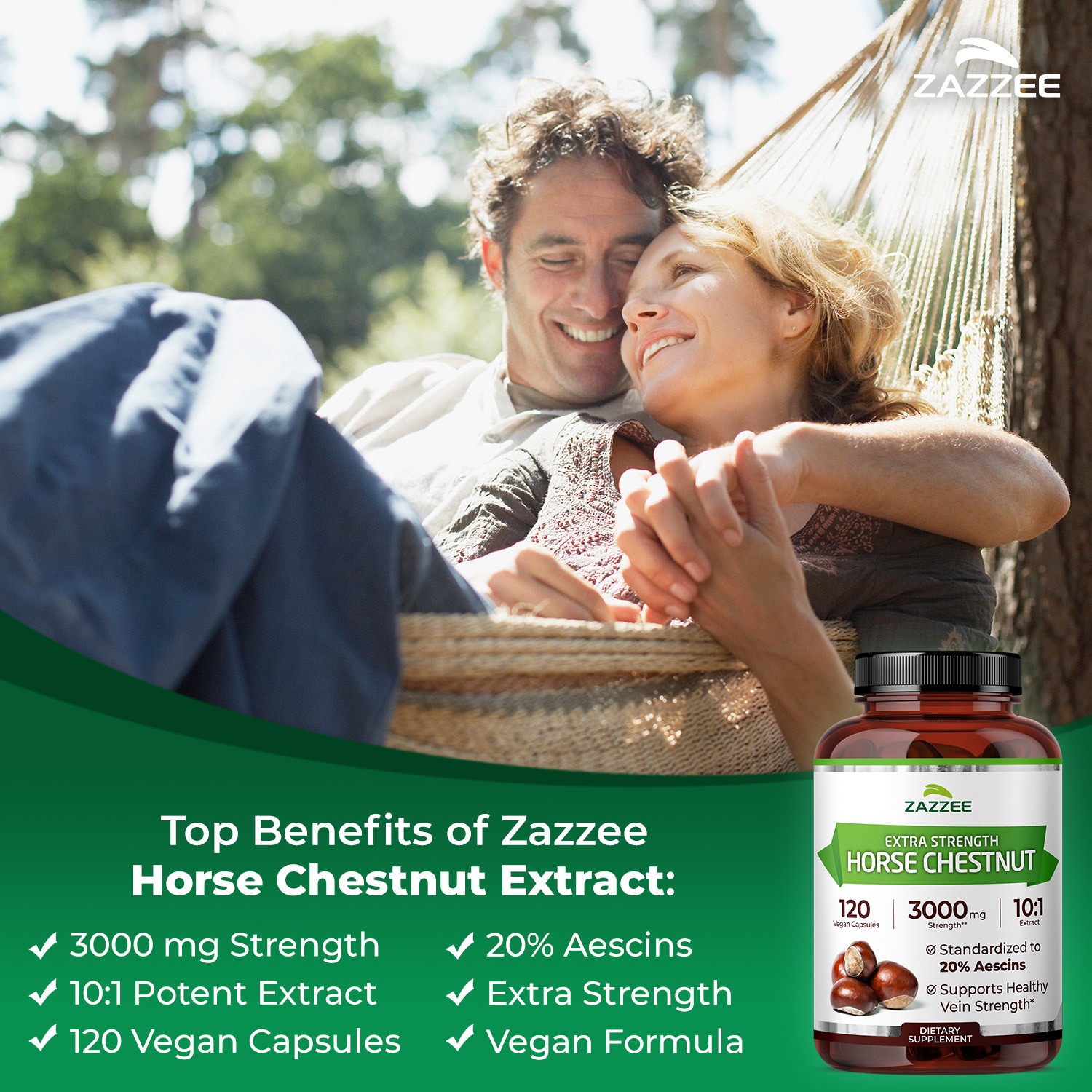 Zazzee Extra Strength Horse Chestnut 10:1 Extract, 3000 mg Strength, 20% Aescins