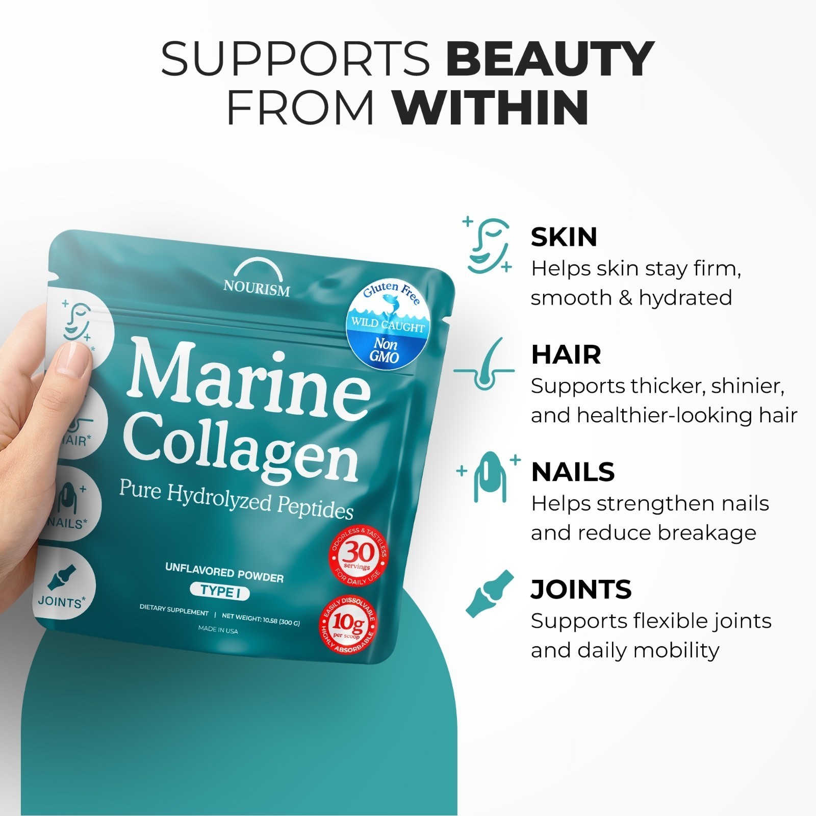 Pure Hydrolyzed Marine Collagen for Skin Hair Nails Joint Support 10.58 oz
