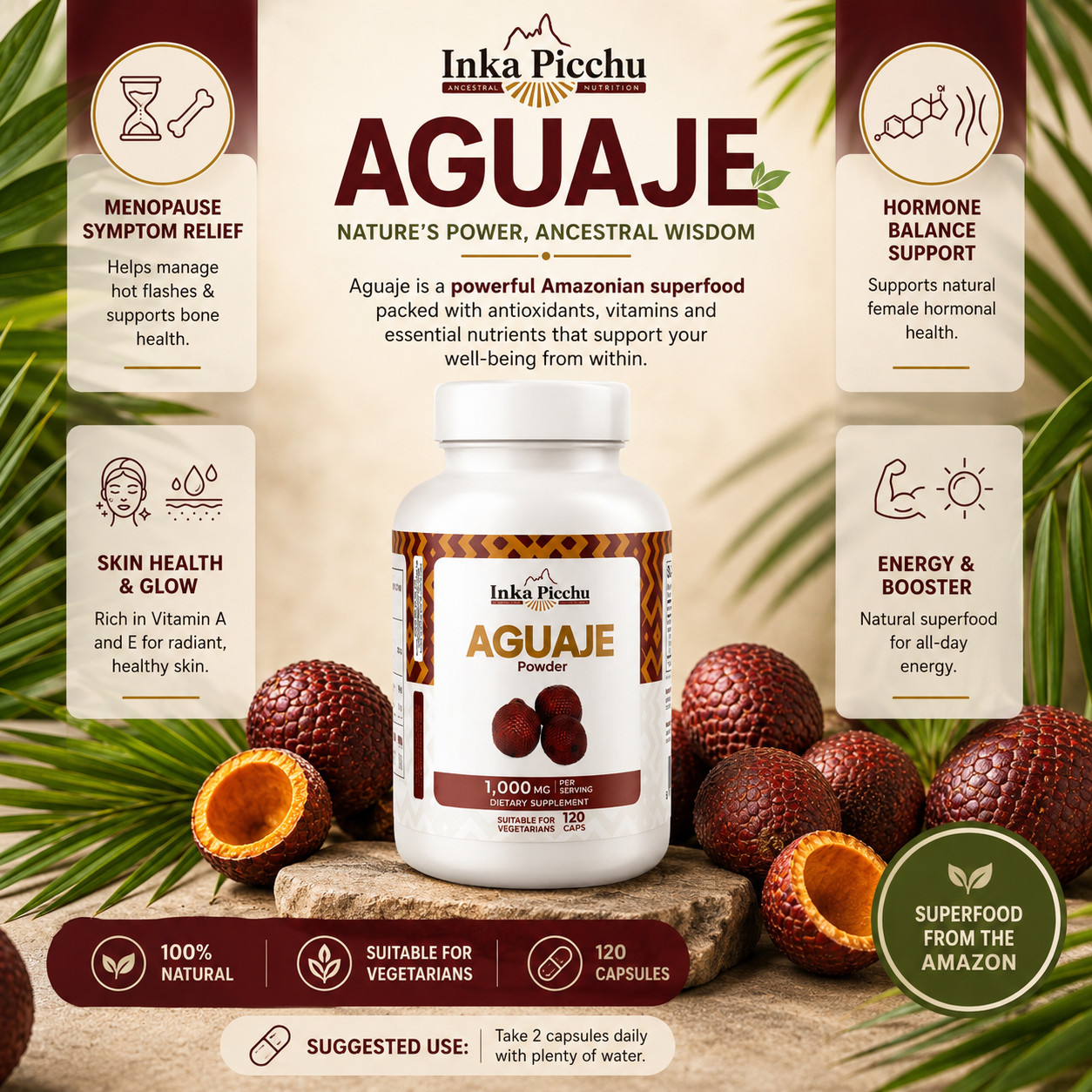 Aguaje Women’s Supplement 120 Capsules 1000mg Per Serving Femenine Support