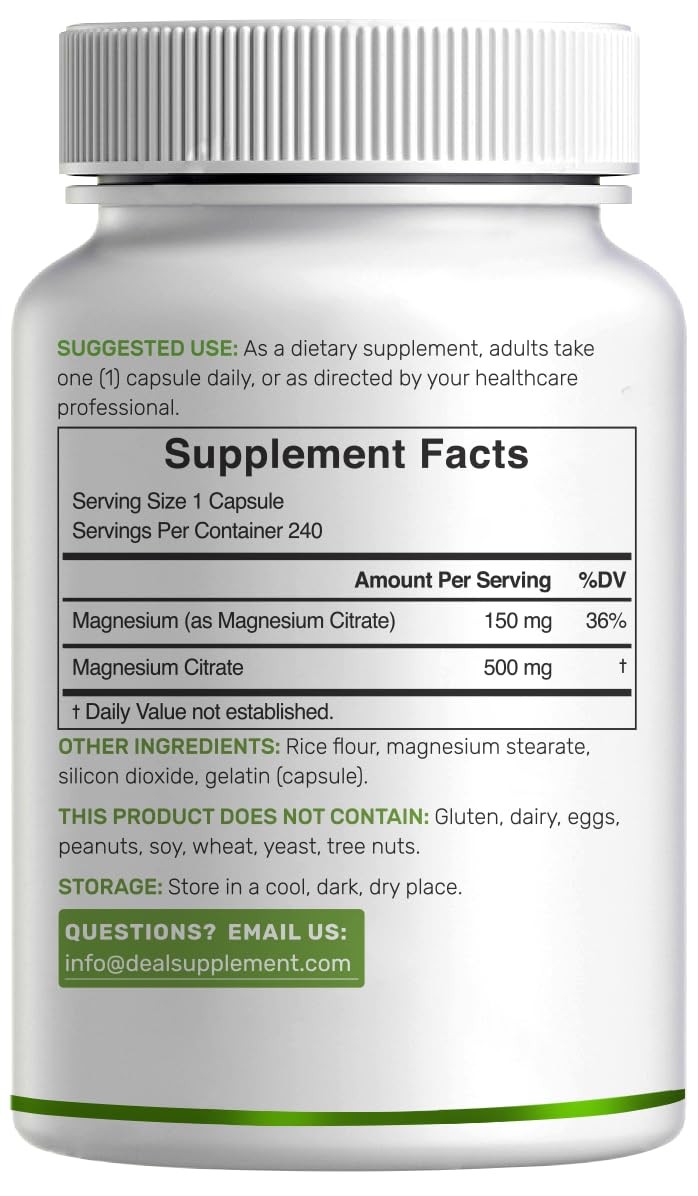 DEAL SUPPLEMENT Magnesium Citrate 500mg, 240 Capsules | 240 Count (Pack of 1)