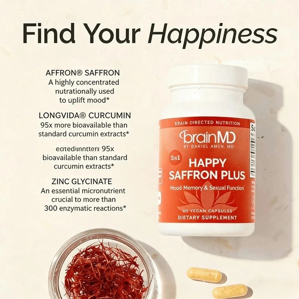 BrainMD Happy Saffron Plus 3-in-1 Vegan Capsules Supplement